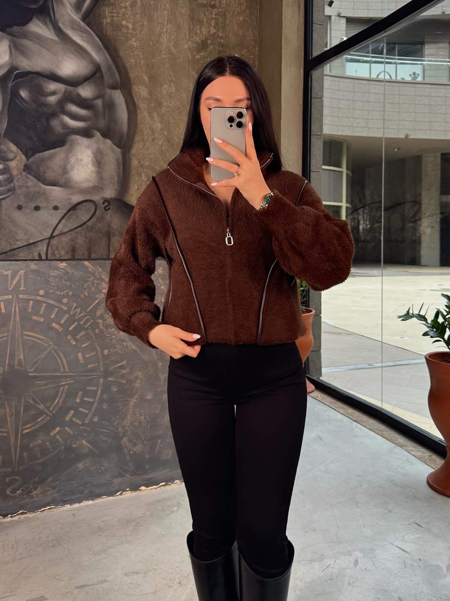 Wulf Deri Detaylı Alt Kısmı Ayarlanabilir Fermuarlı Triko Hırka-Kahve