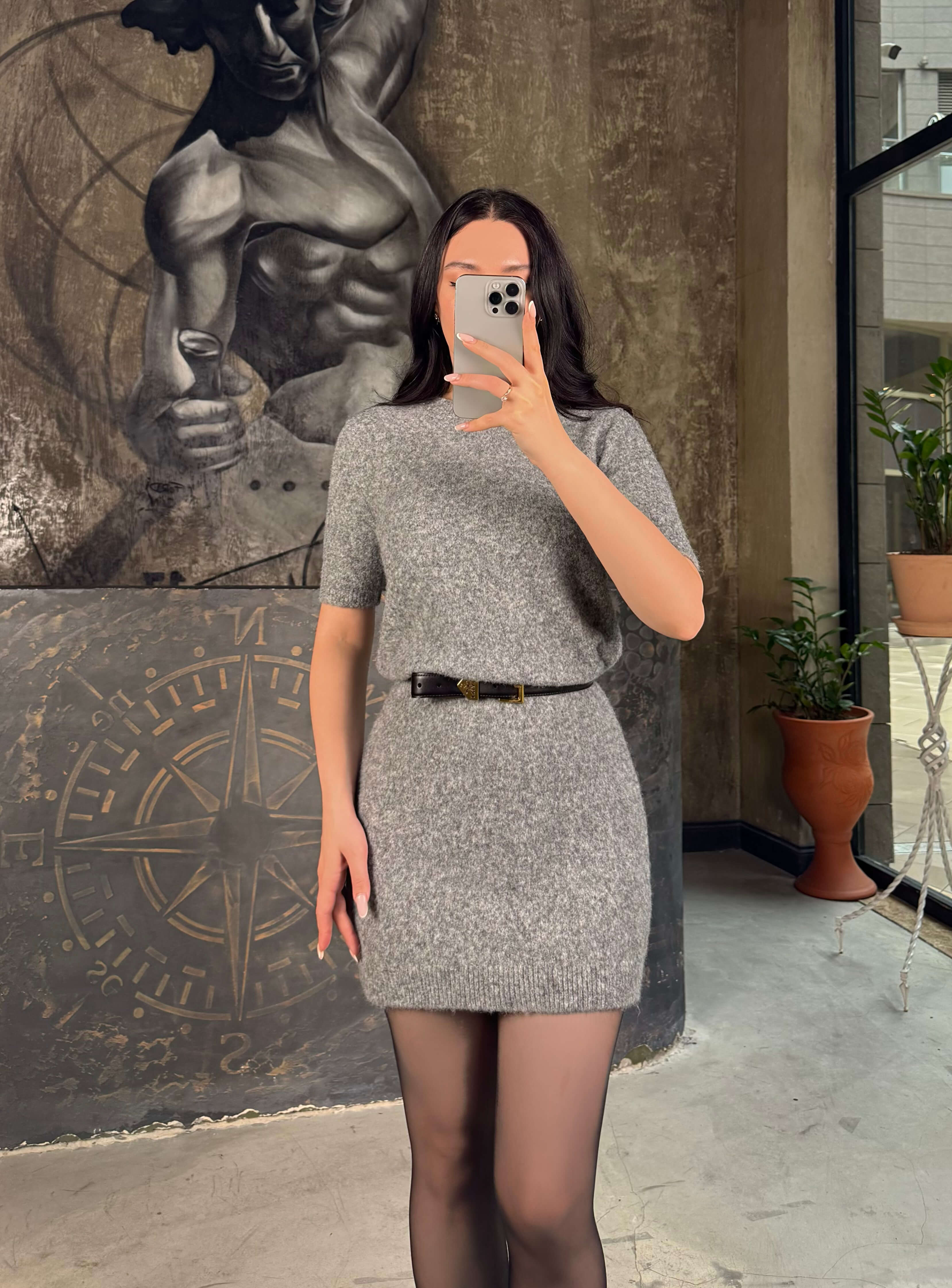 Tina Bisiklet Yaka Kısa Kol Mini Yumuşak Dokulu Triko Elbise Füme Melanj