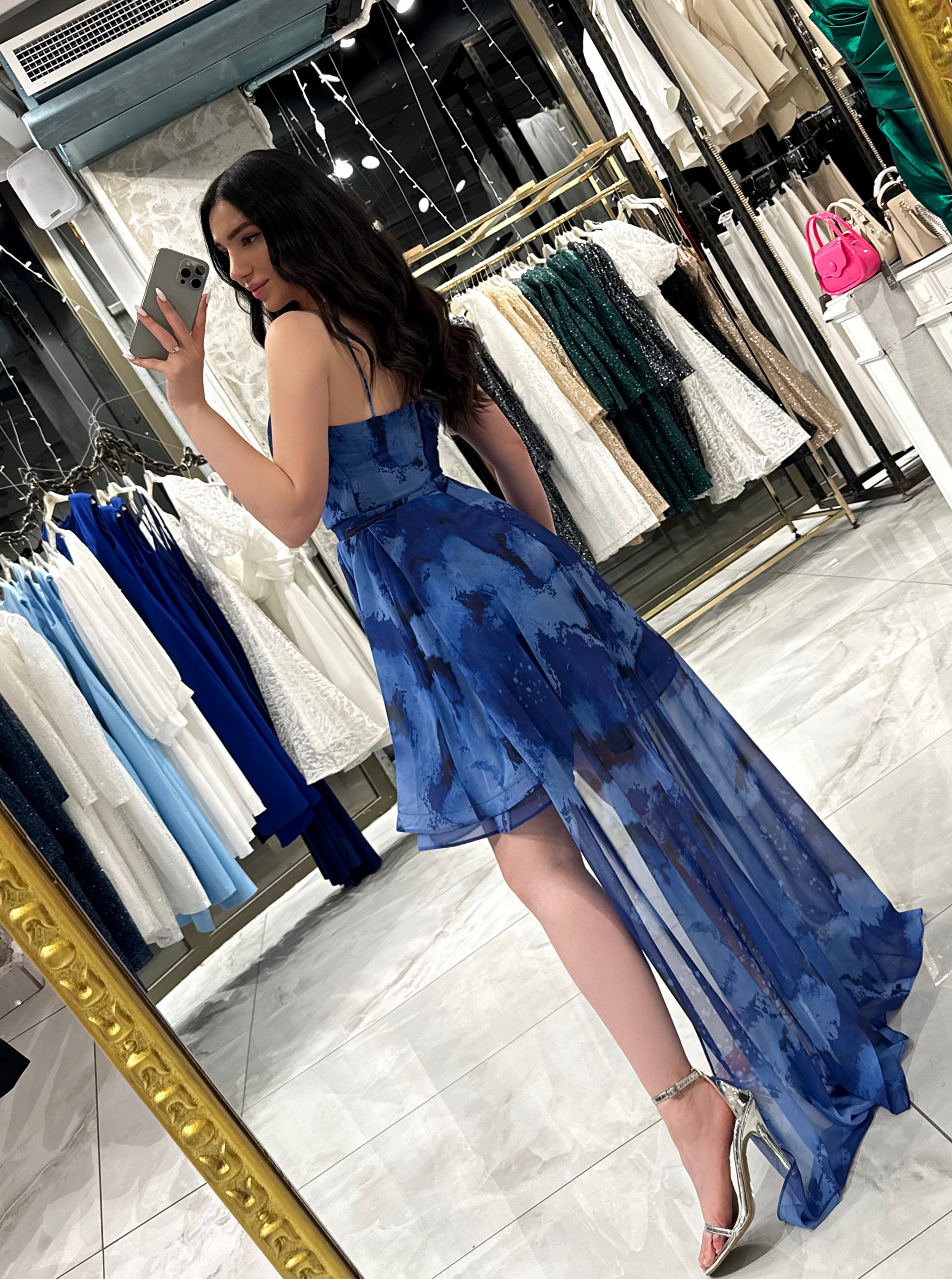 Melena Eteği Kloş Kuyruklu Şifon Mini Elbise Saks Mavi