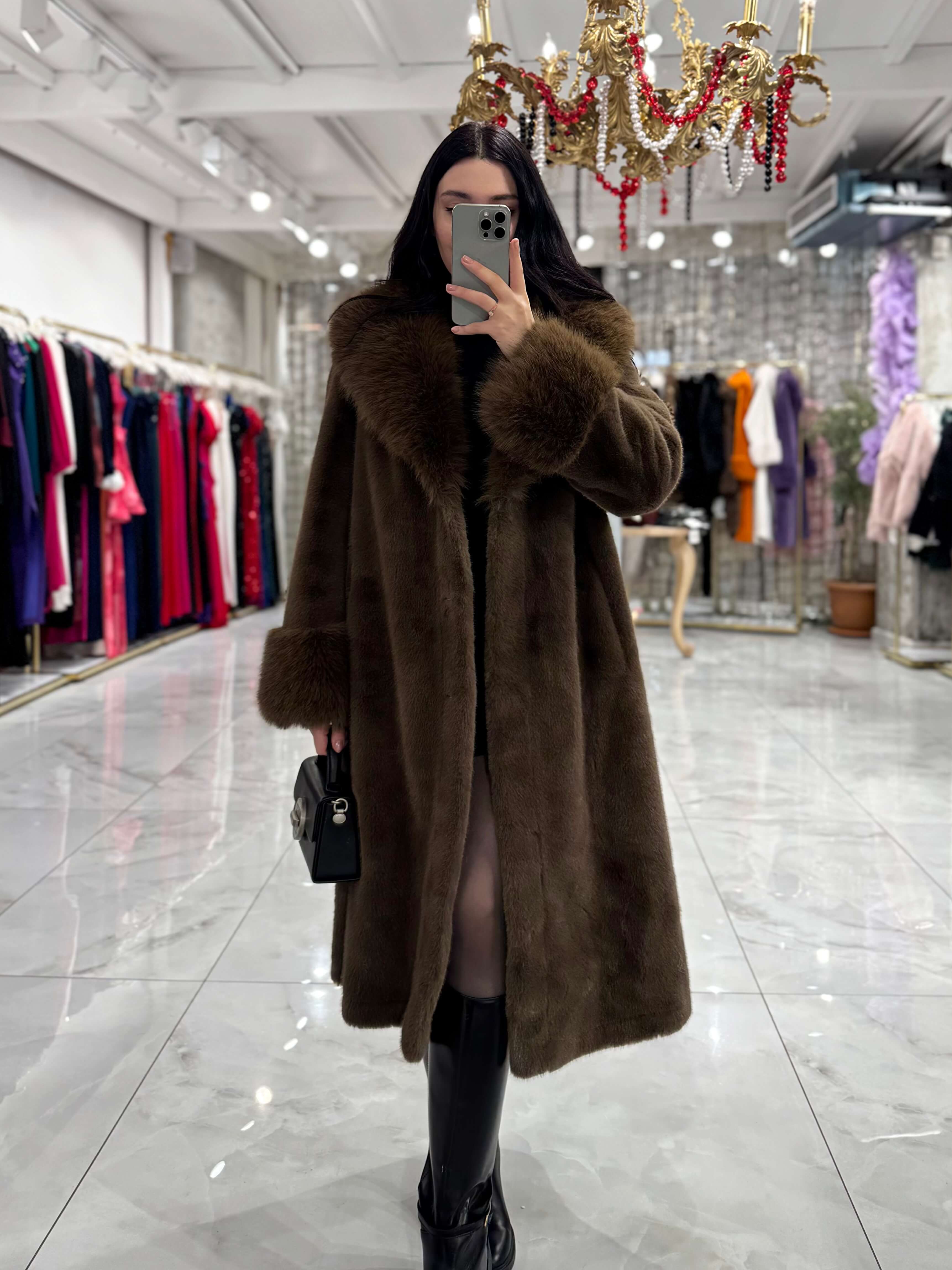 Dora Uzun Kuşaklı Yak Kol Detaylı Vip İthal Kürk Kahve