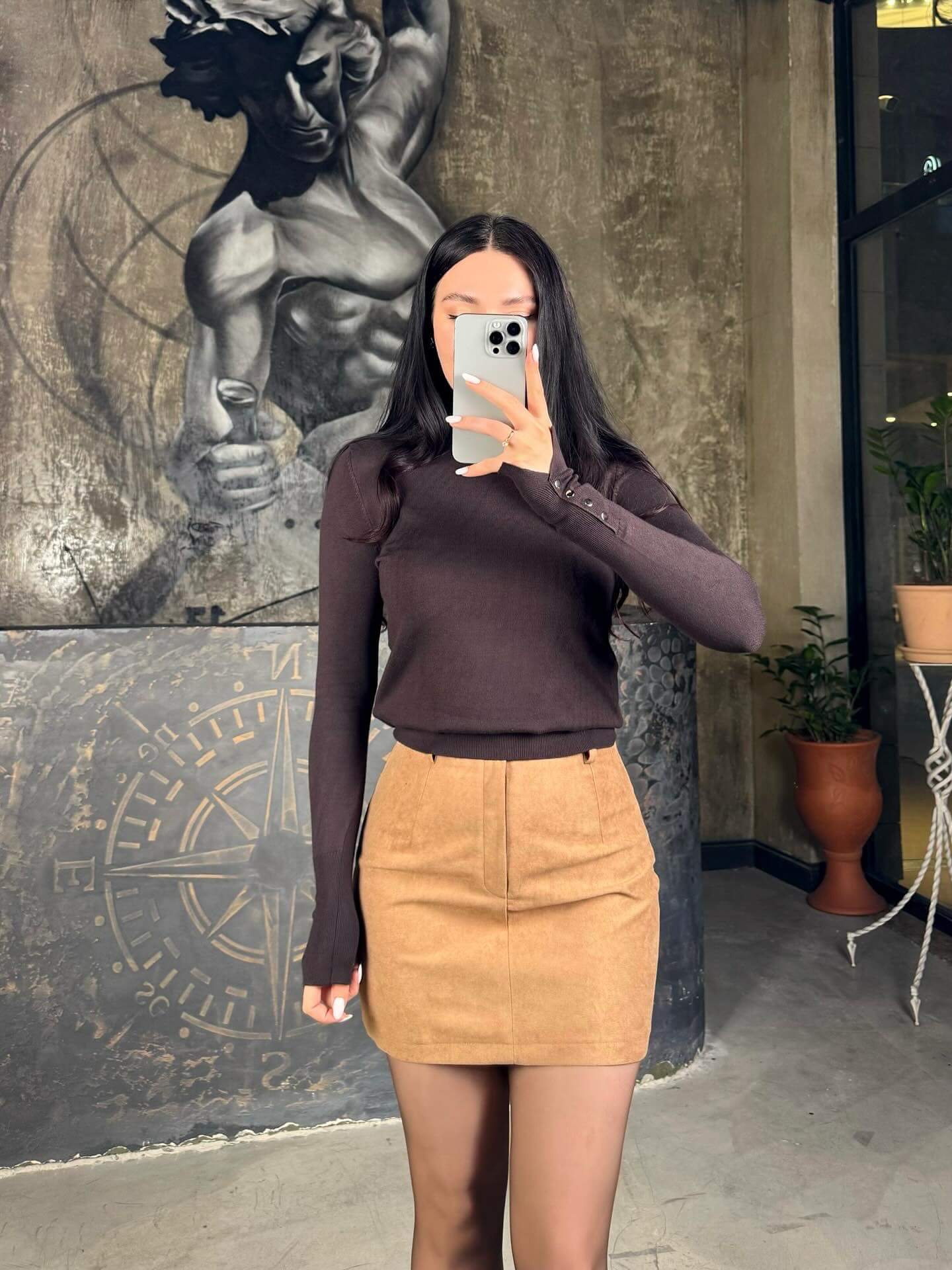 Willy Boyfriend Kesim Kruvaze Yaka Velur Blazer Etek Takımı-Camel