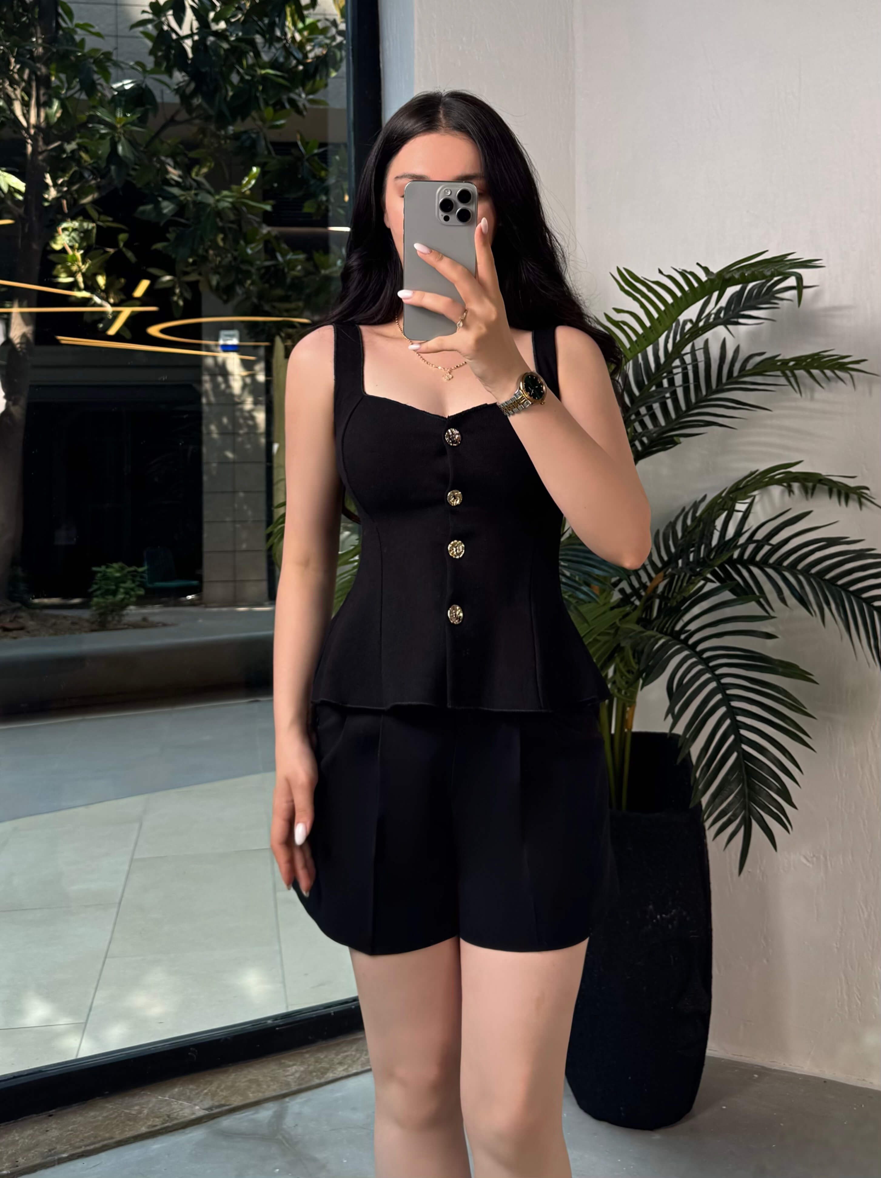 Olena Gold Düğme Peplum Etekli Bluz Siyah