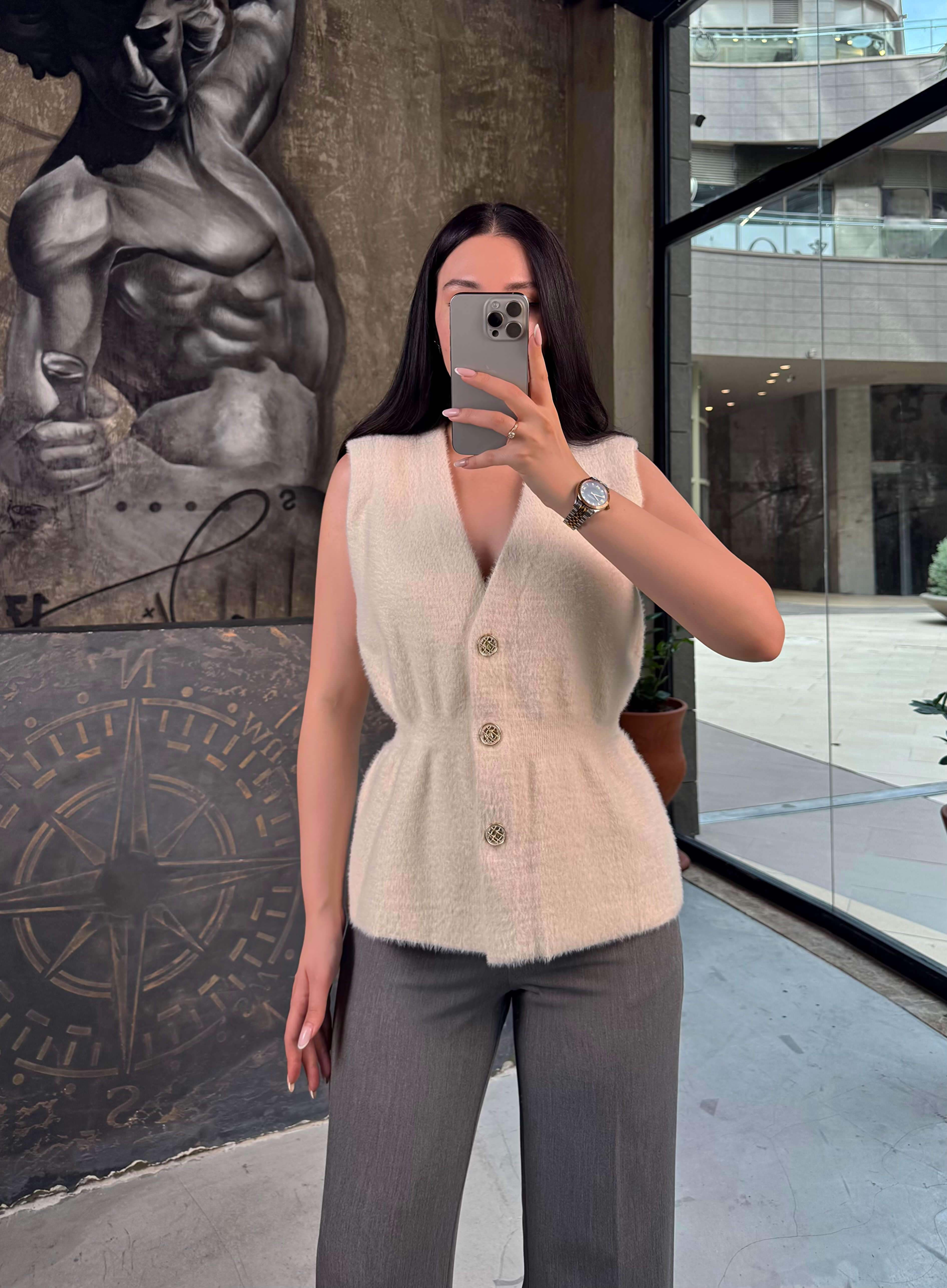 Anna Gold Düğmeli Bel Detaylı Angora Yelek Krem
