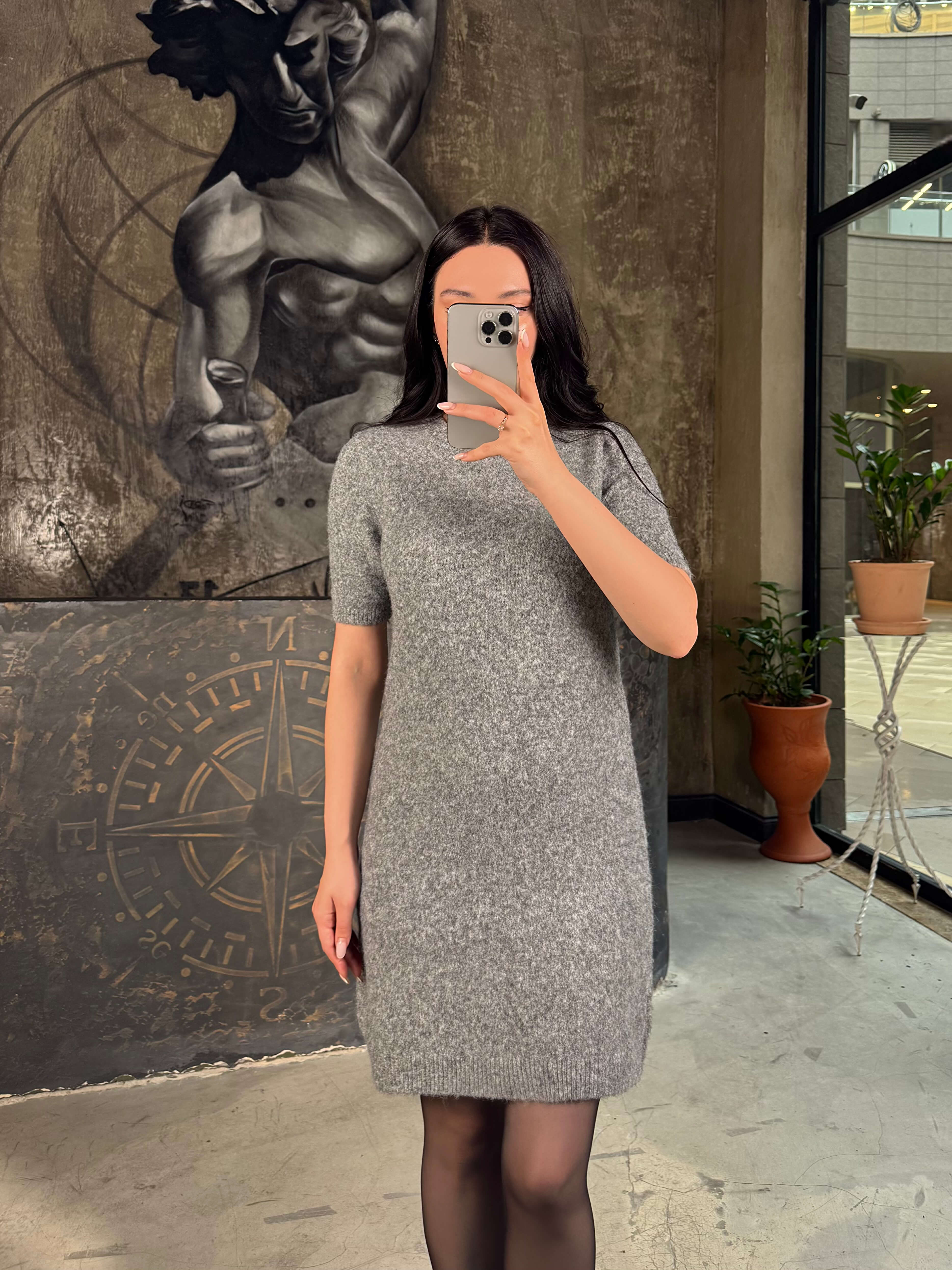 Tina Bisiklet Yaka Kısa Kol Mini Yumuşak Dokulu Triko Elbise Füme Melanj