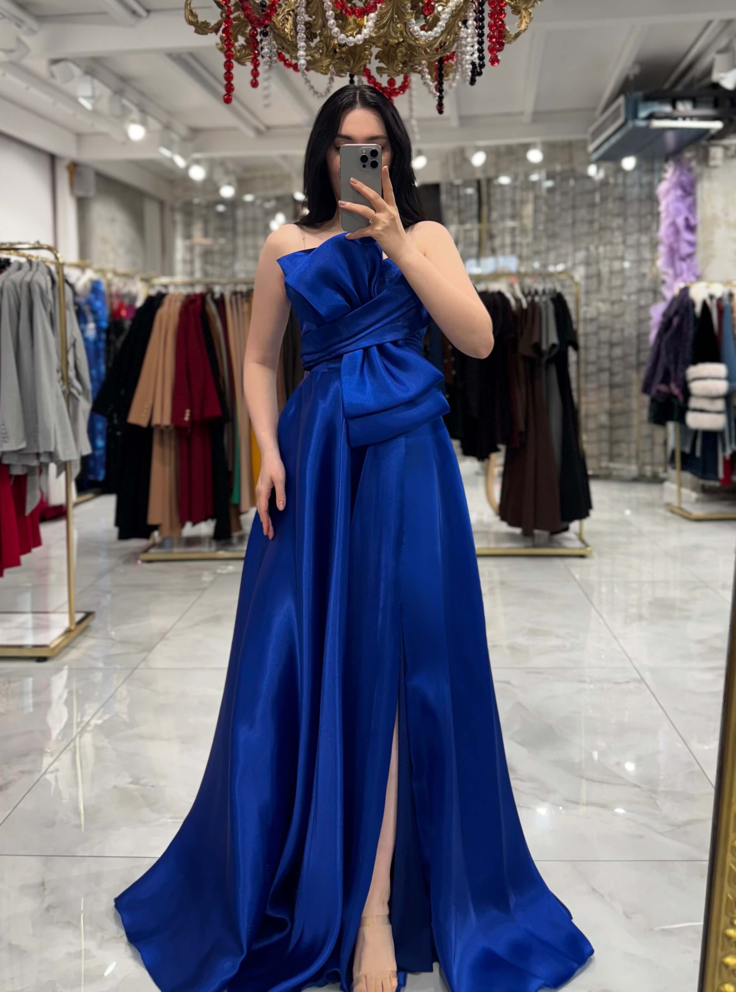 Kailey Straplez Büyük Fiyonk Detaylı Saten Uzun Elbise Saks Mavi