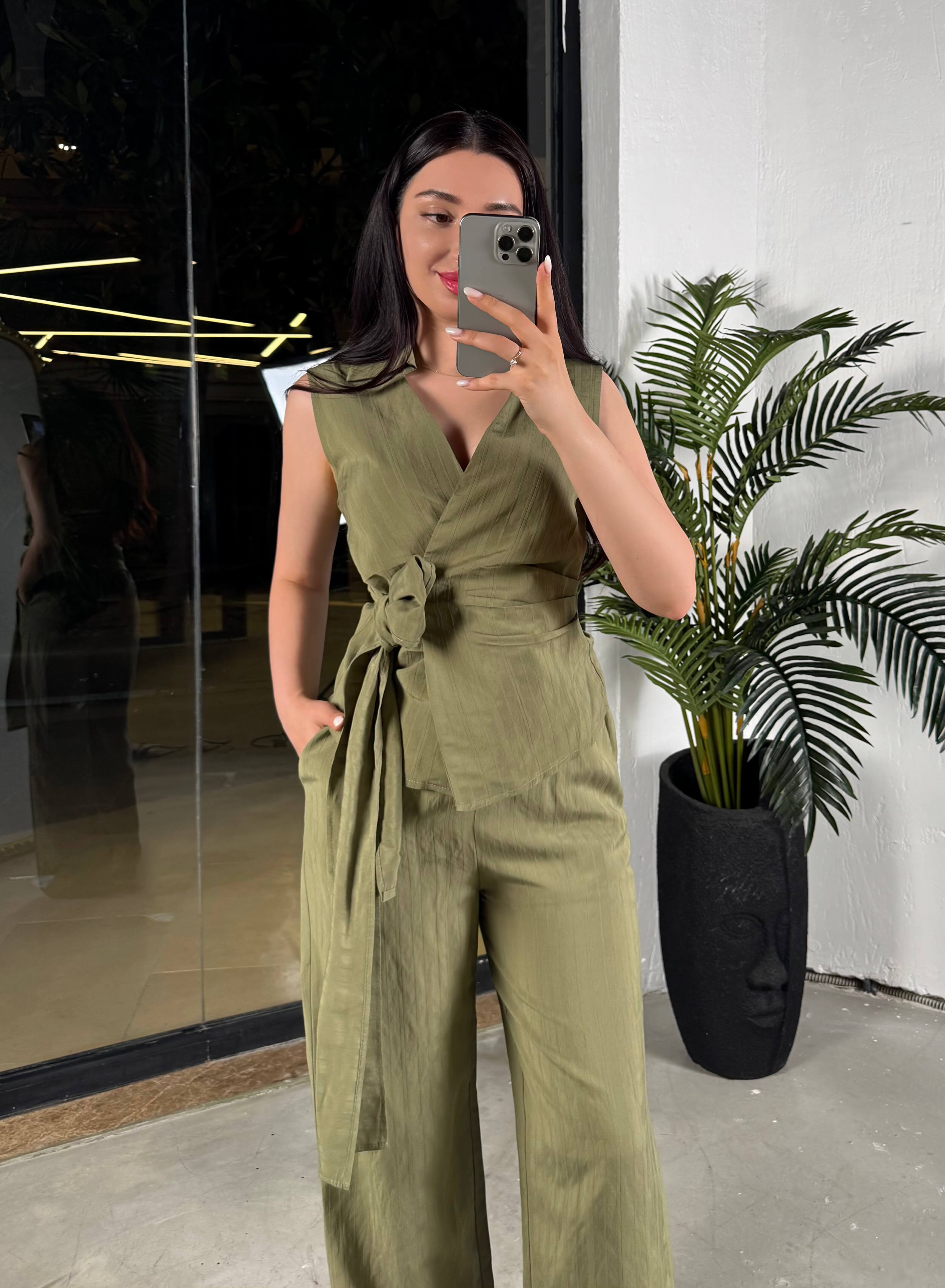 Sendy Kumaşı Desenli  Pantolon Haki Yeşili