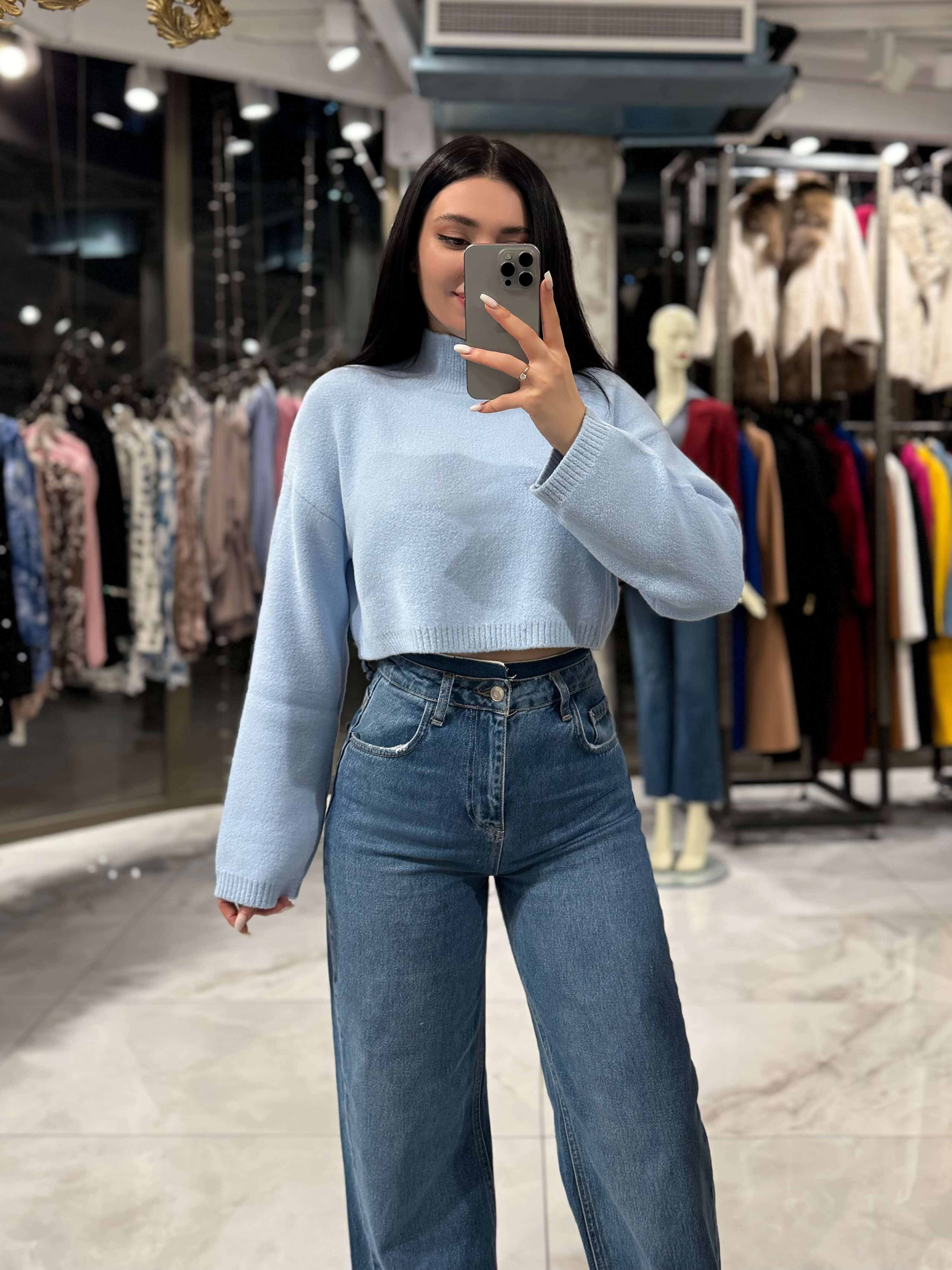 Marina Dik Yaka Crop Kazak-Bebe Mavi