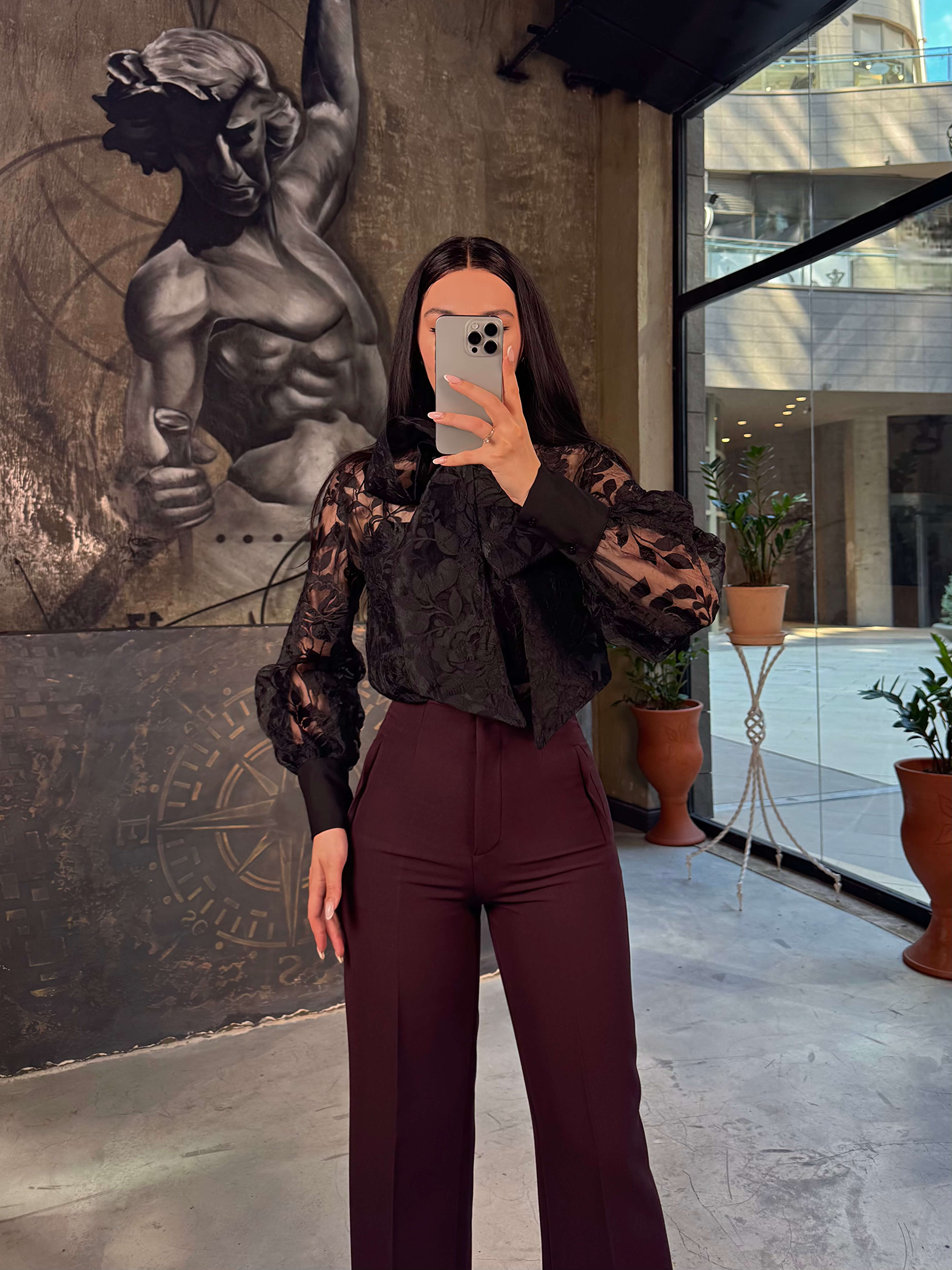 Villiya Transparan Fularlı Desenli Gömlek Siyah