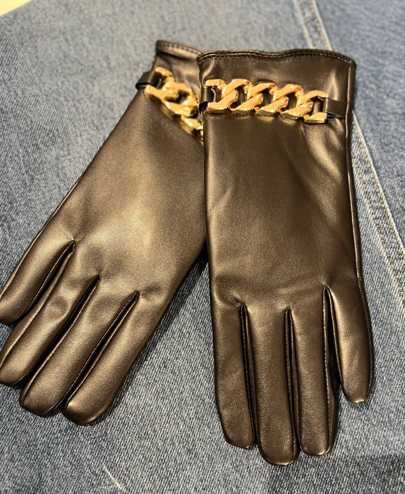 Peri Zincirli Deri Eldiven-Siyah