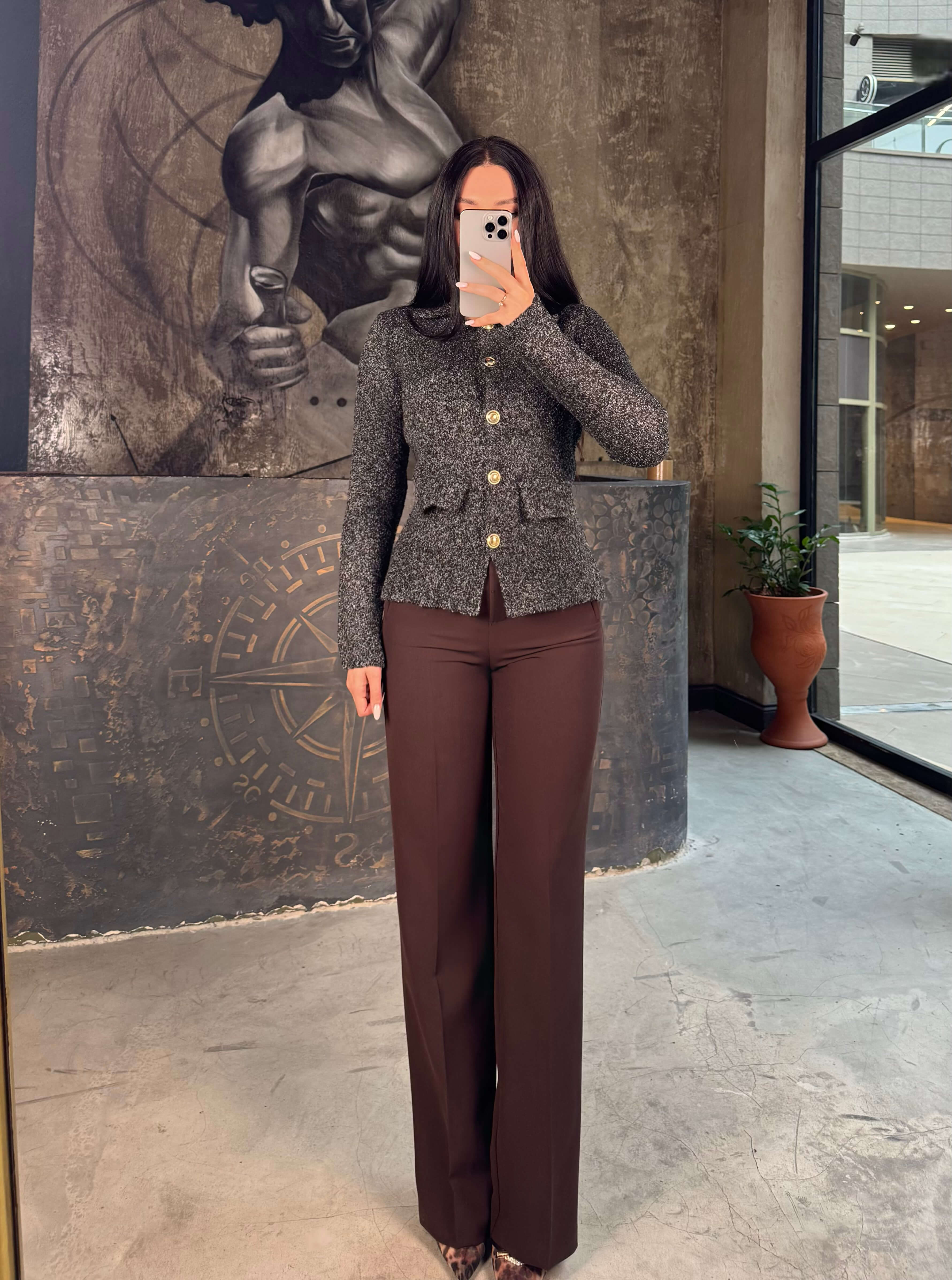 Antoniya Önü Flatolu Bol Paça Pantolon Kahve