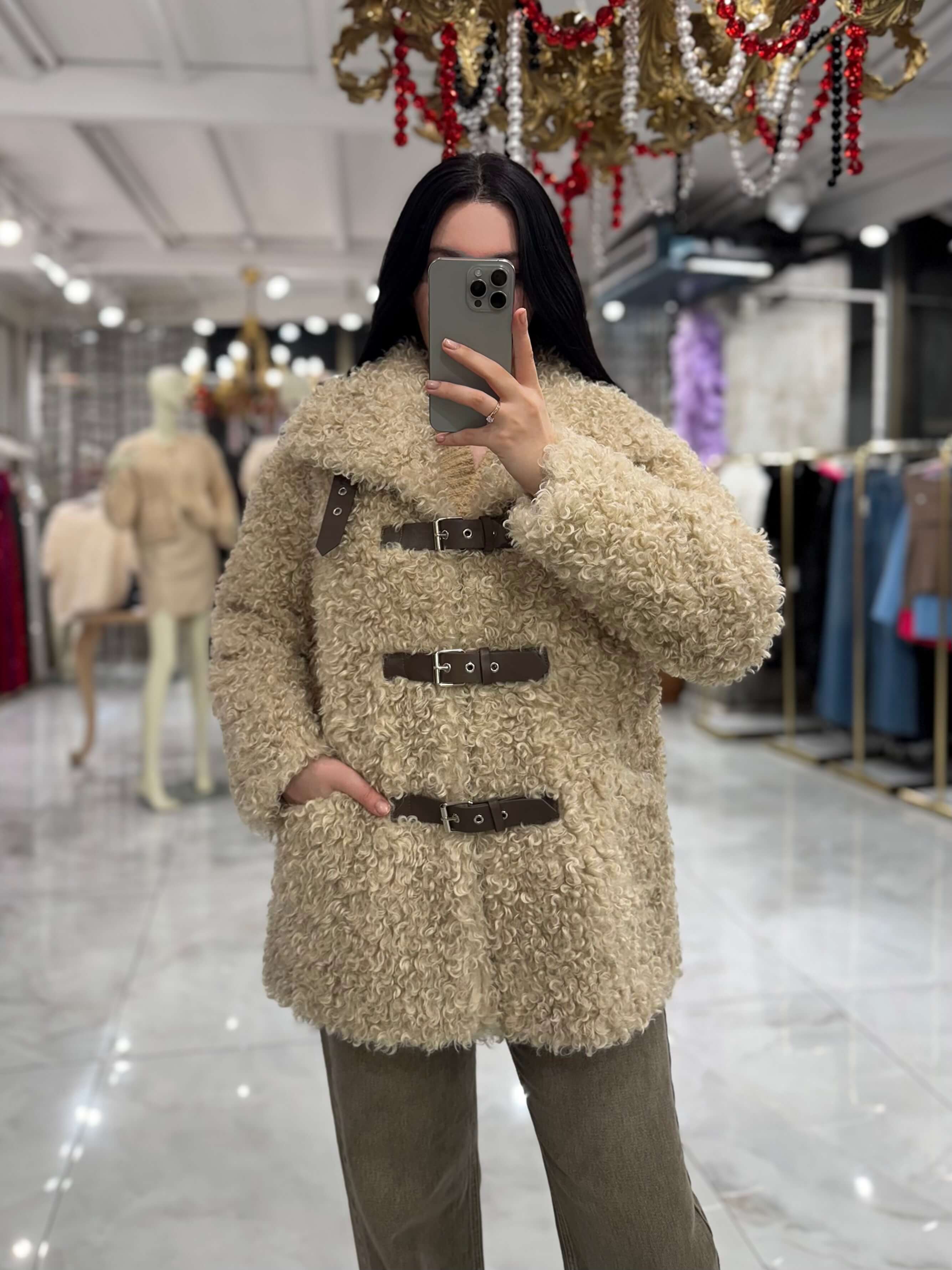 Monny Kırçıllı Ayarlanabilir Deri Kemerli Cepli Vip İthal Kürk Bej