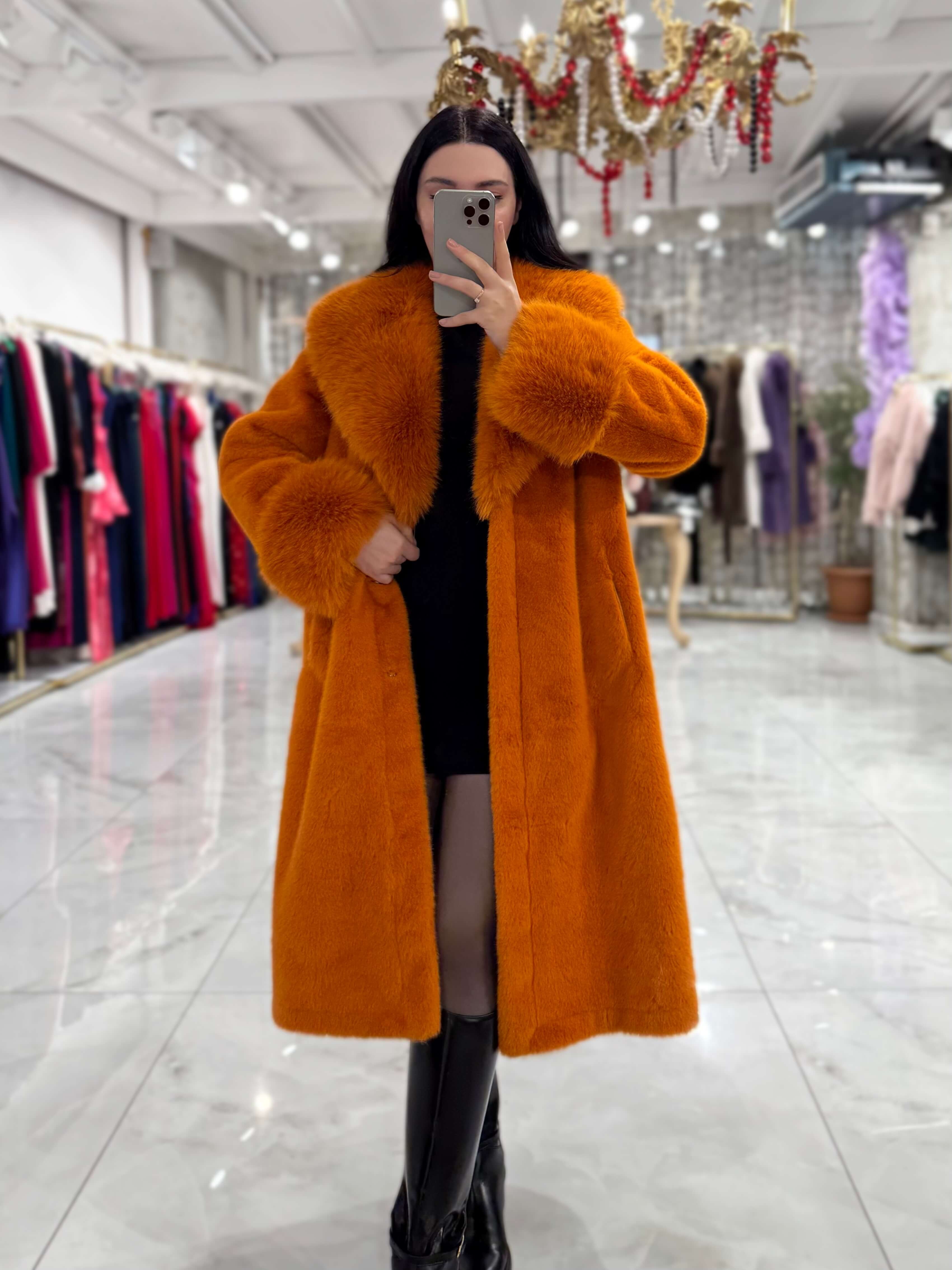 Dora Uzun Kuşaklı Yak Kol Detaylı Vip İthal Kürk Turuncu