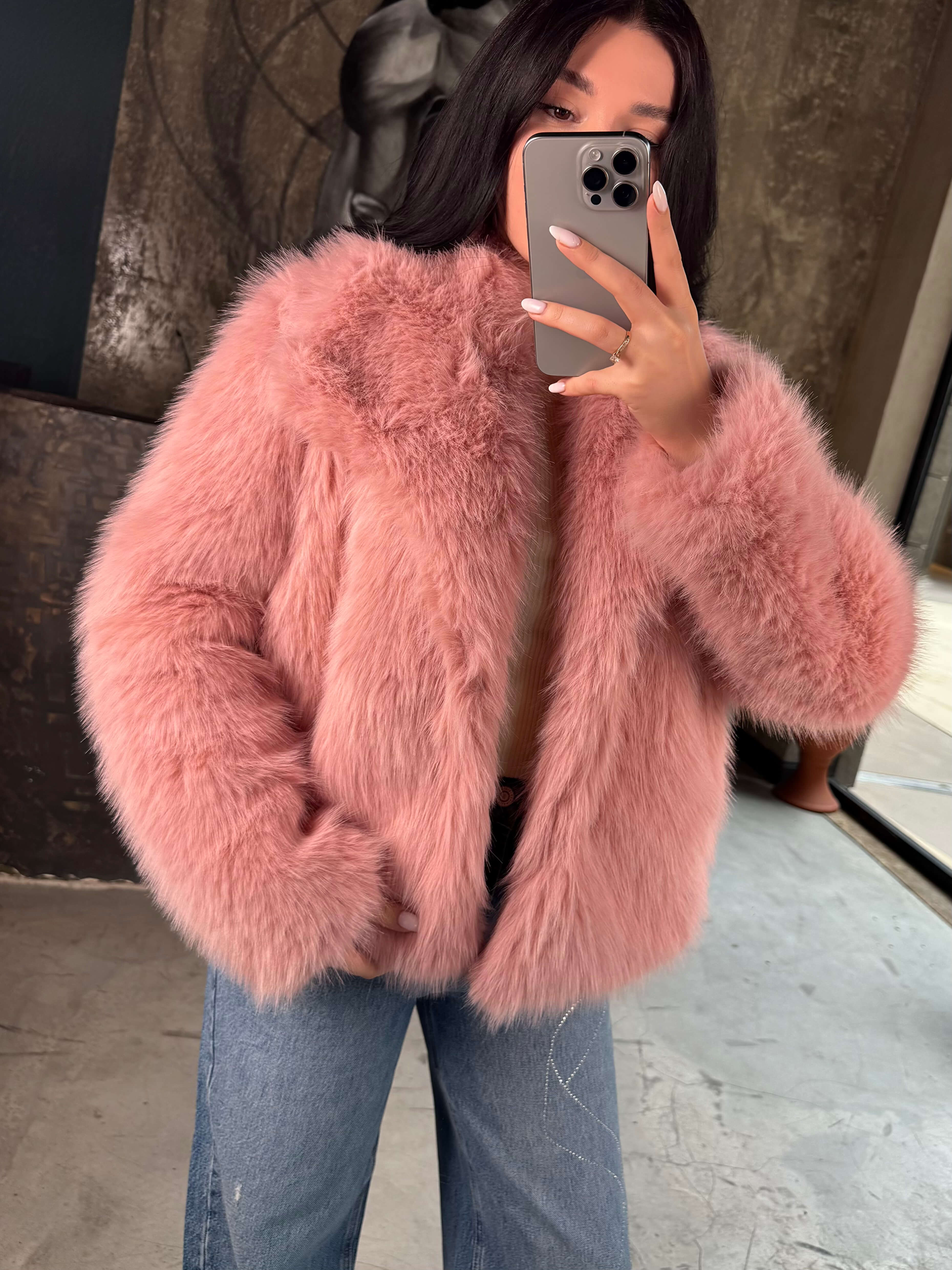 Heyra Şal Yaka Kürk  Kısa Kaban-Pudra