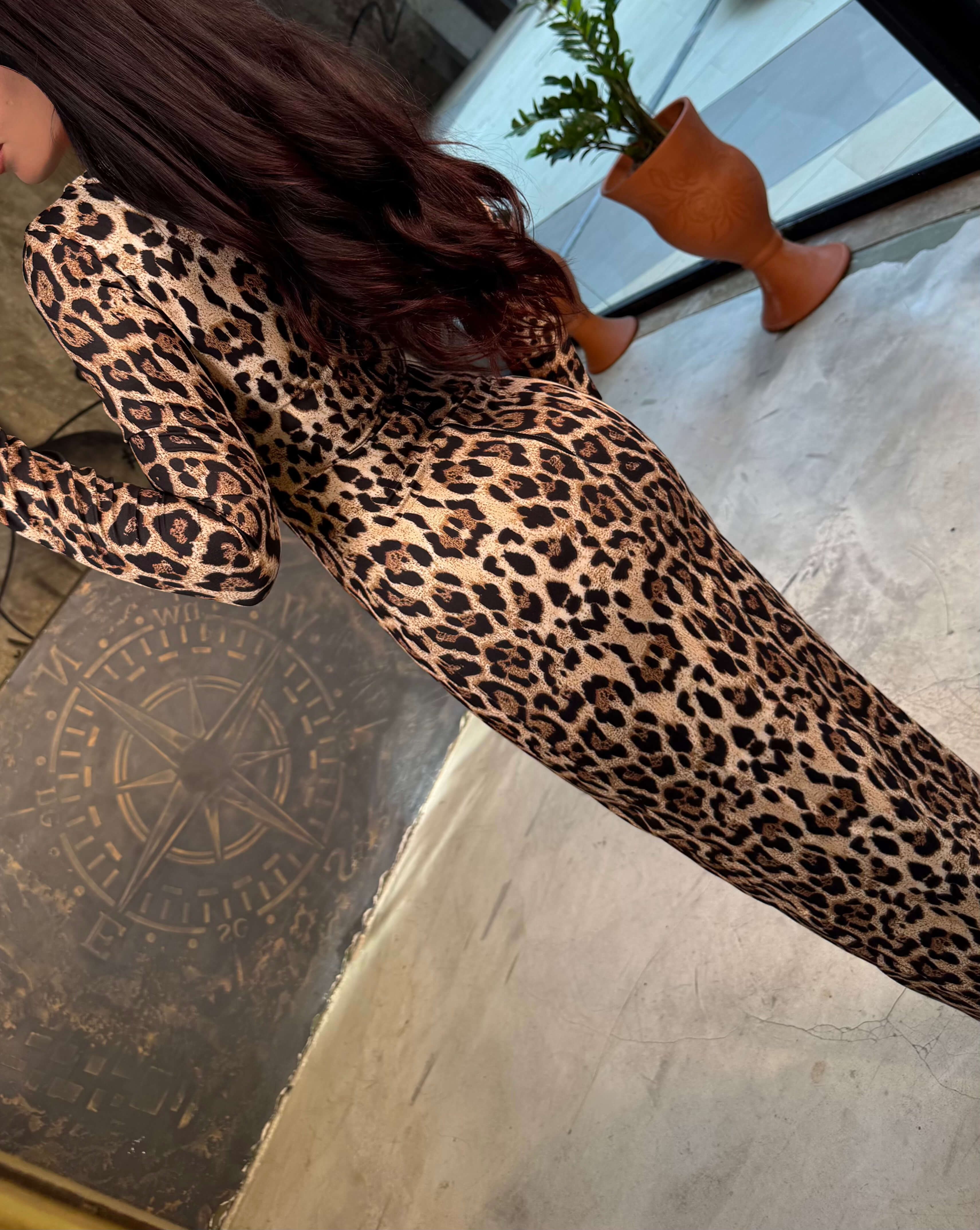 Sia Uzun Kol Midi Slim Elbise Leopar
