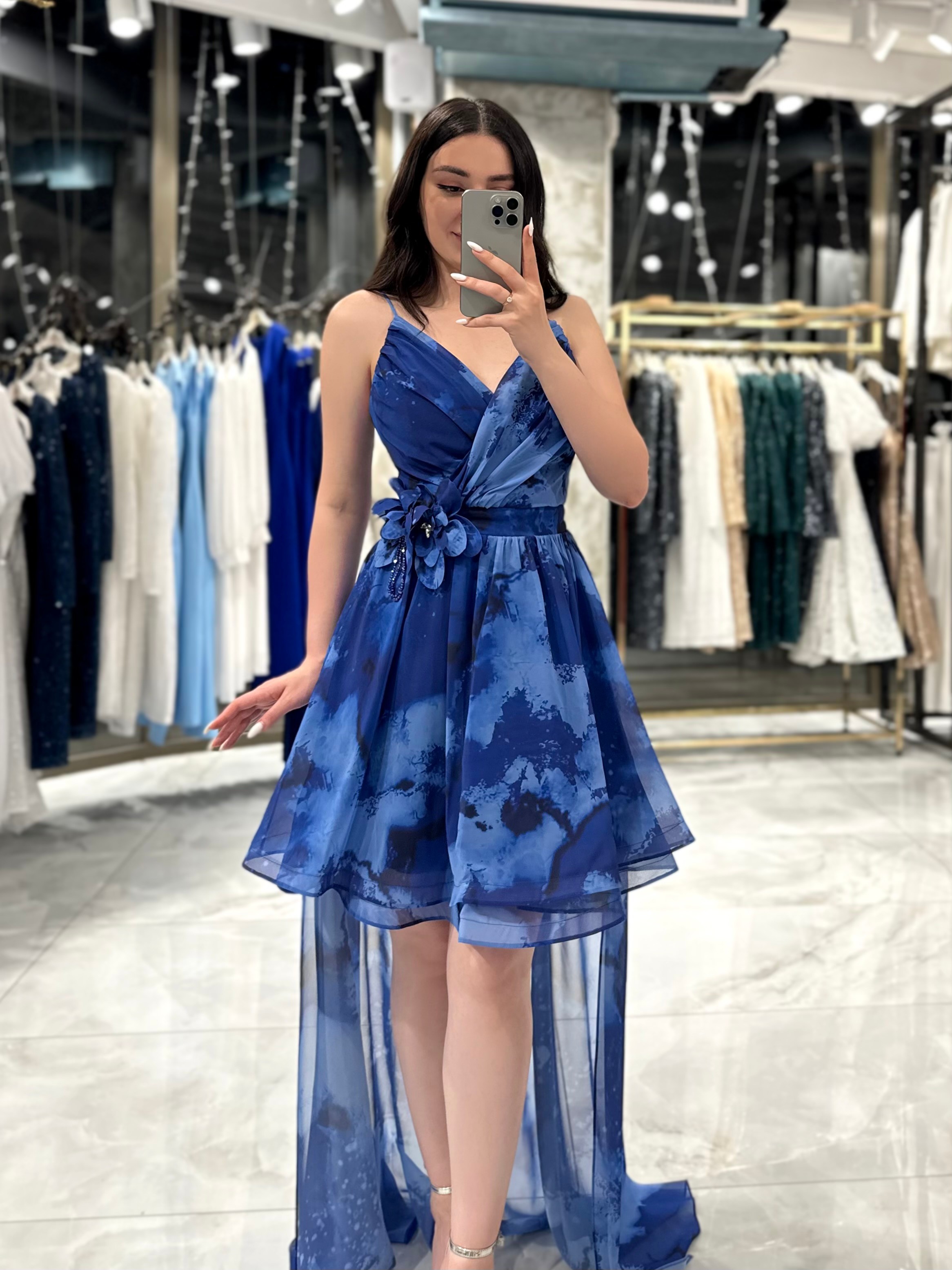 Melena Eteği Kloş Kuyruklu Şifon Mini Elbise Saks Mavi