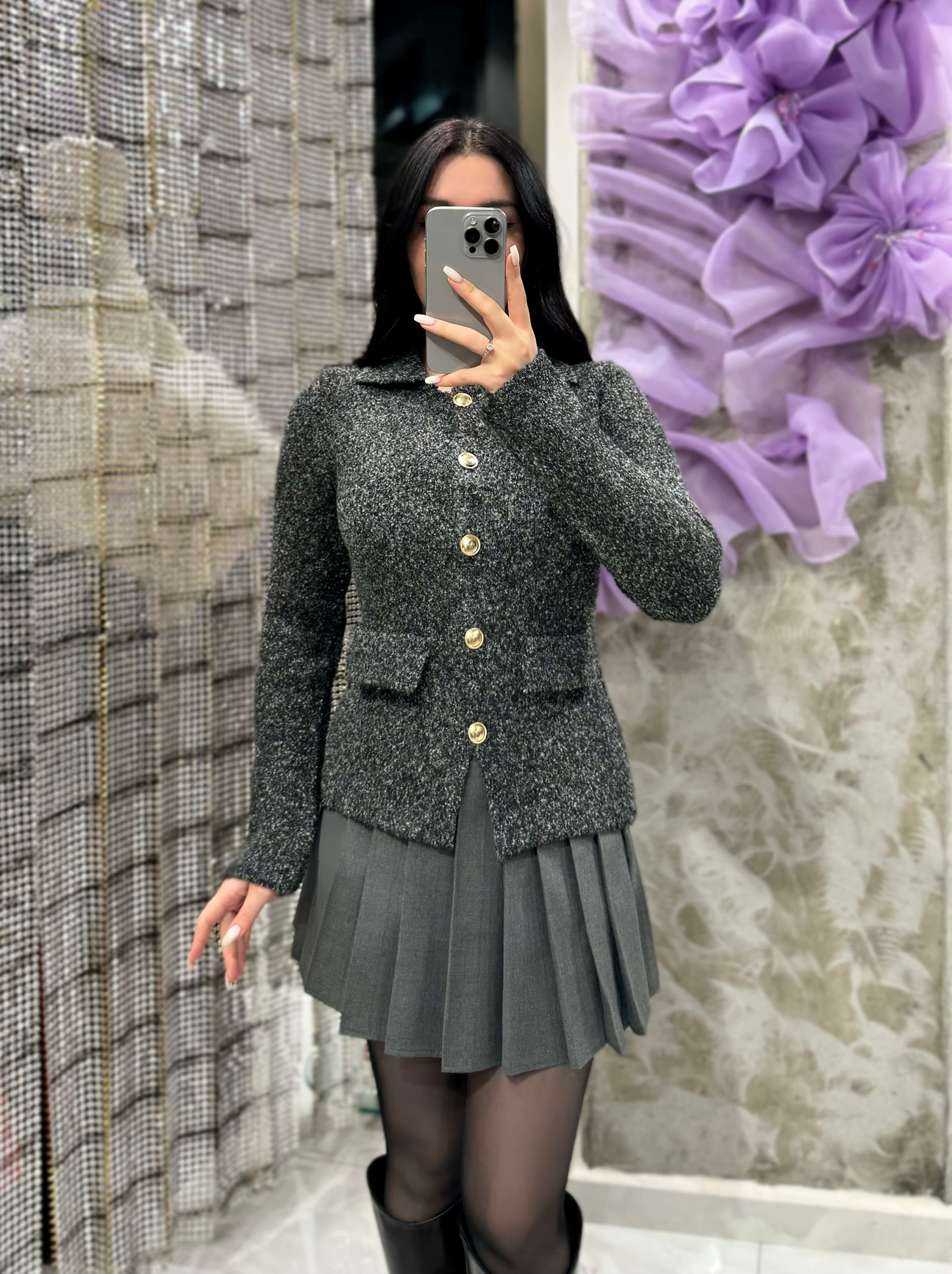 Mareniko Polo Yaka Gold Düğme Cep Detaylı Triko Ceket Hırka -Antrasit