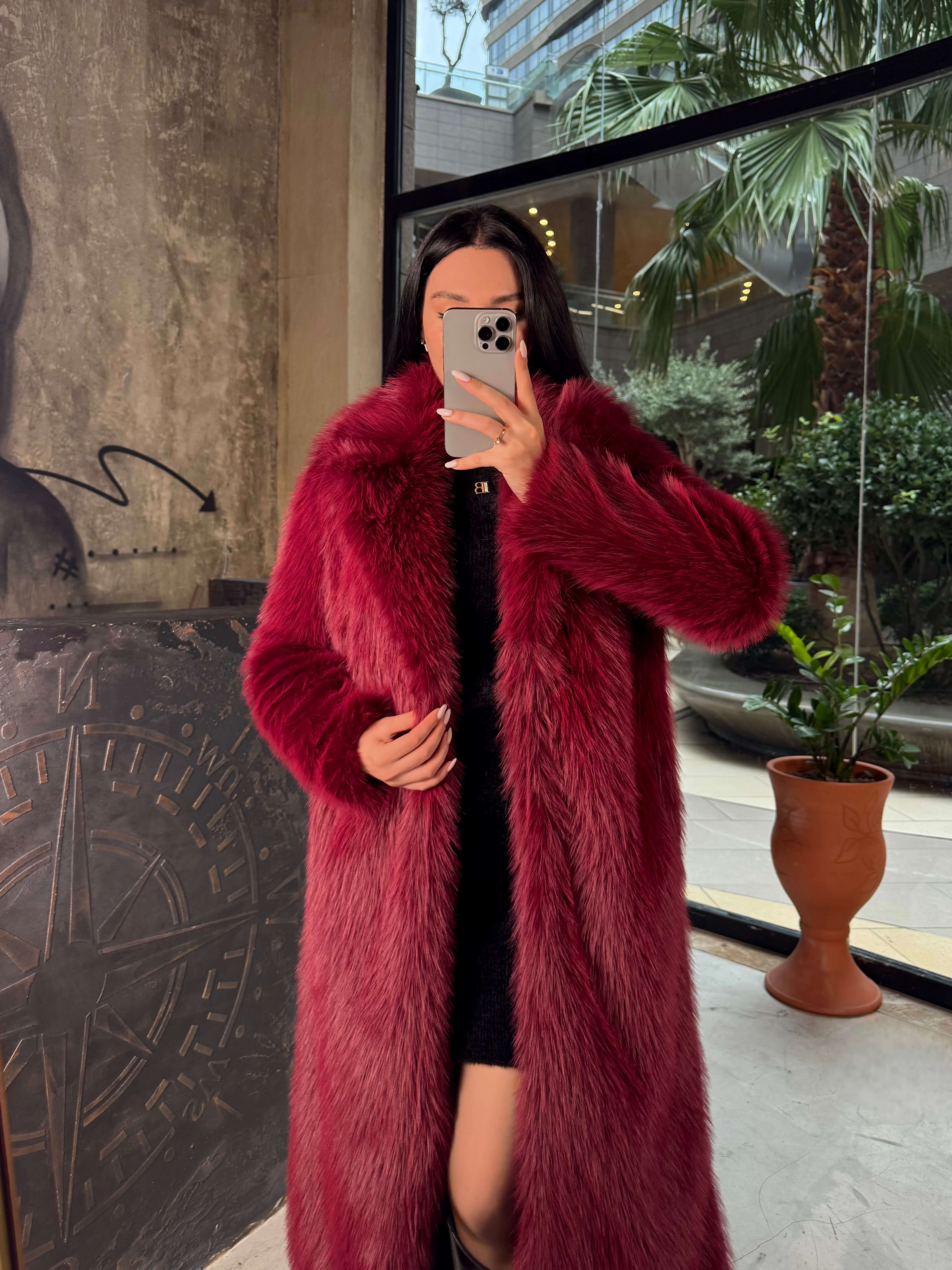 Loyra Kruvaze Yaka Uzun Kürk Kaban Bordo