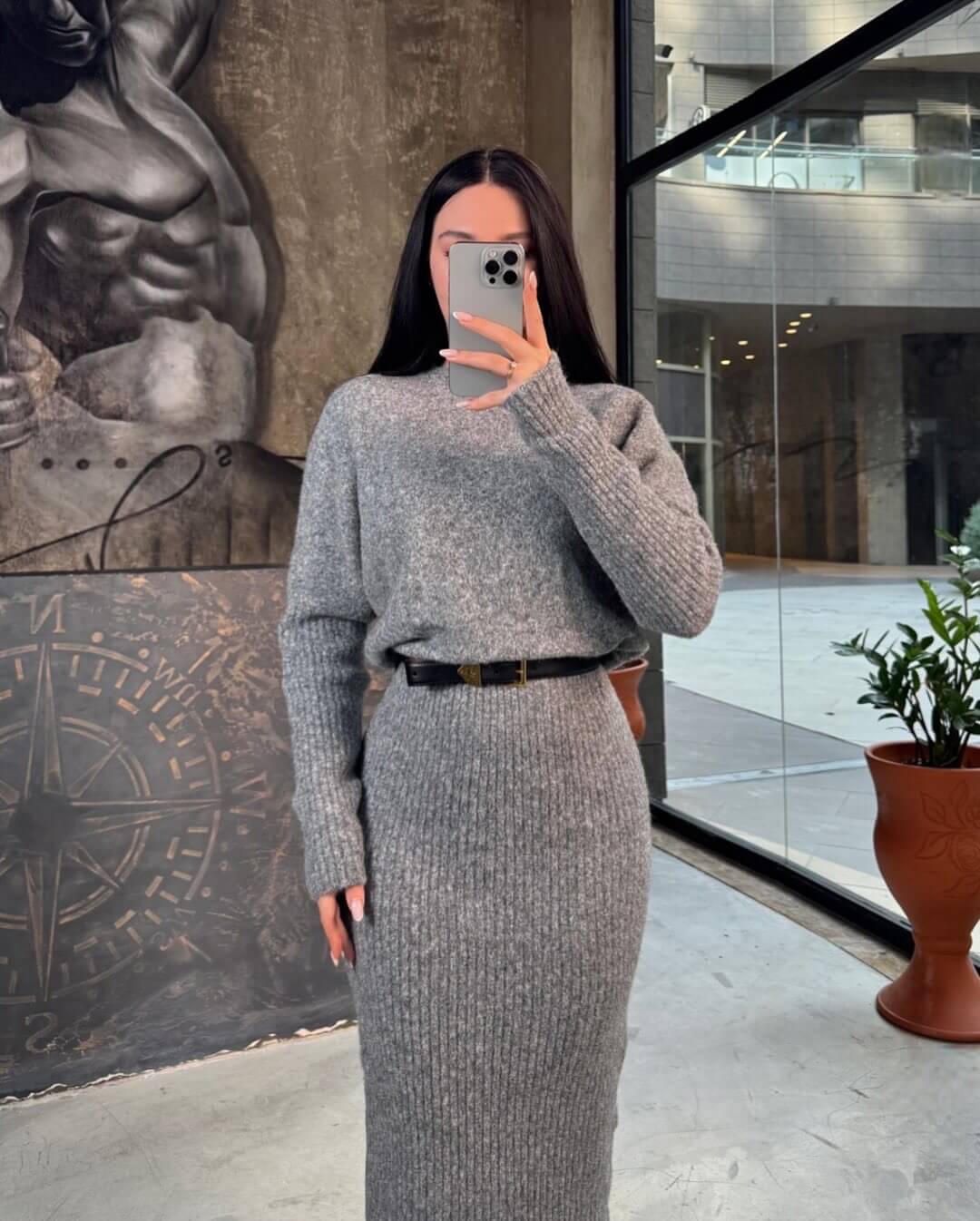 Maya Yarasa Uzun Kol Eteği Fitilli Midi Boy Triko Elbise Füme Melanj