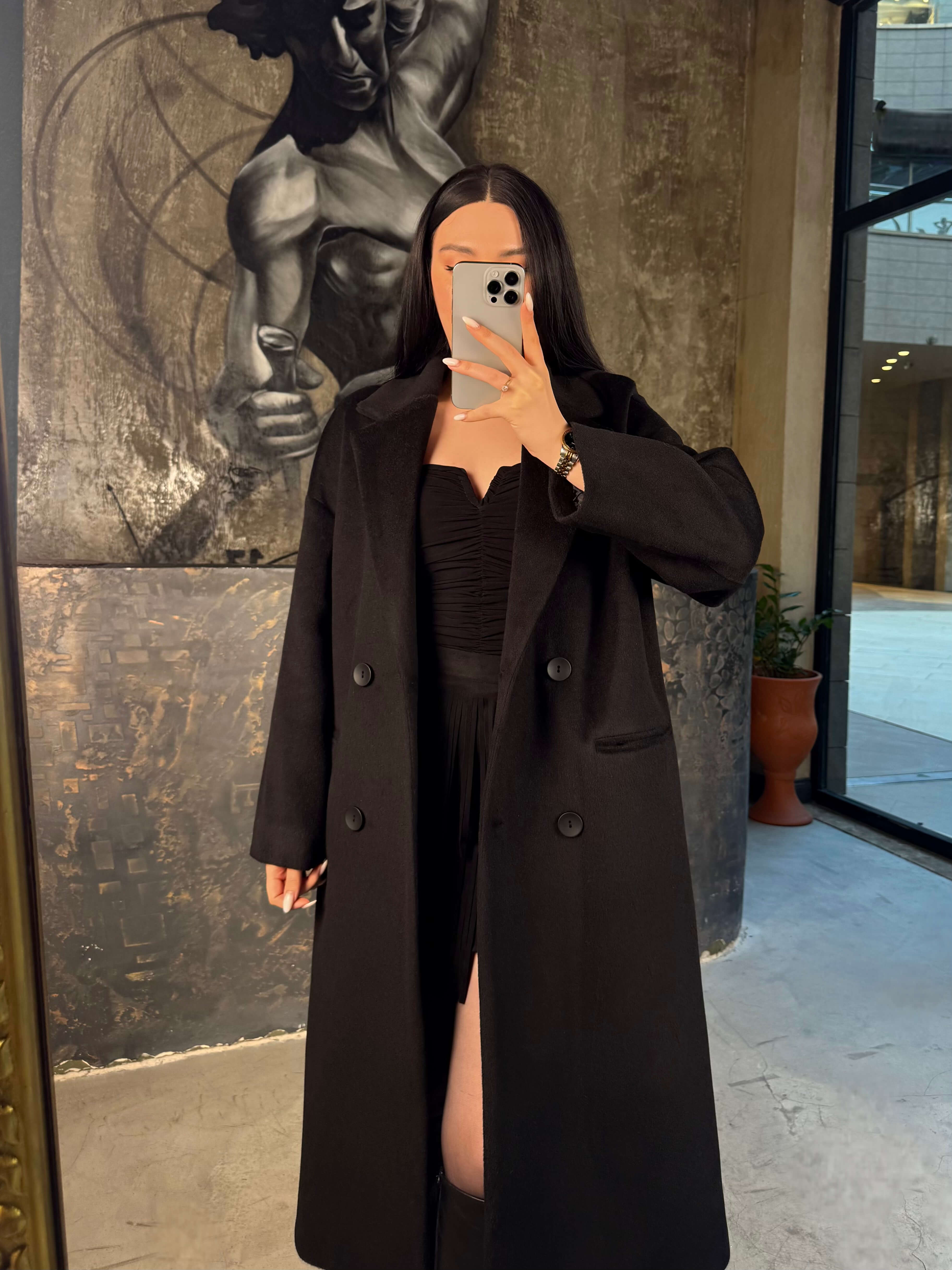 Mirold Oversize Kruvaze Yaka Önü Düğmeli Kaban Siyah