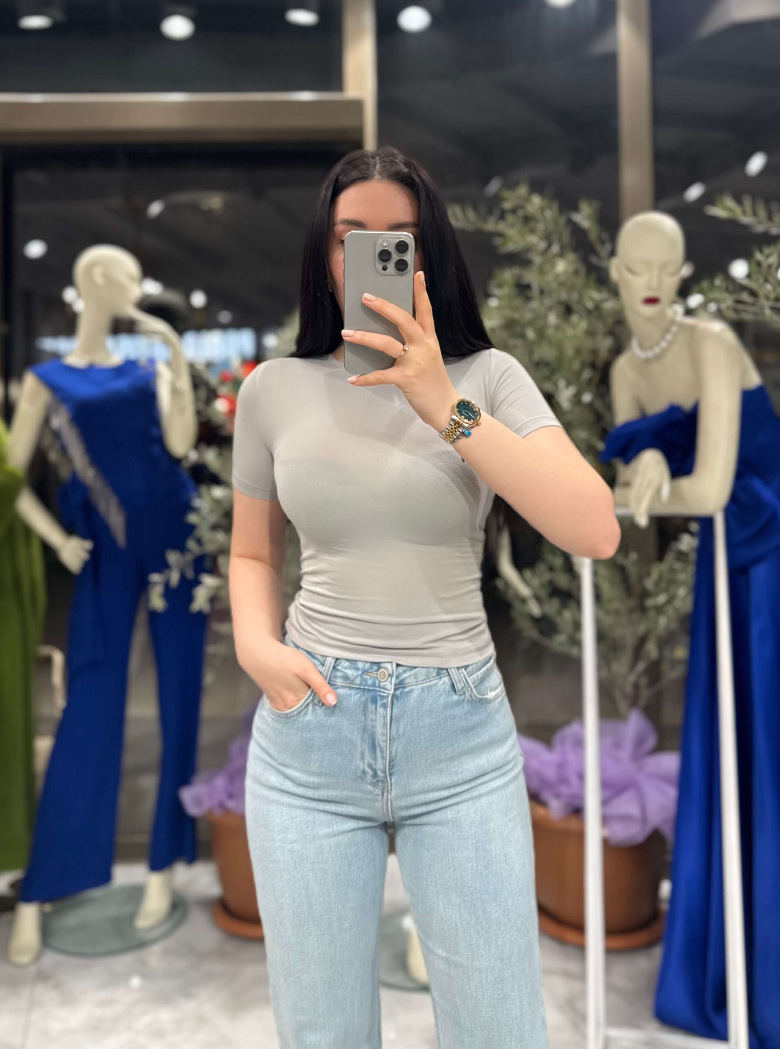 lena Kısa Kollu Bisiklet Yaka T-shirt  Açık Gri