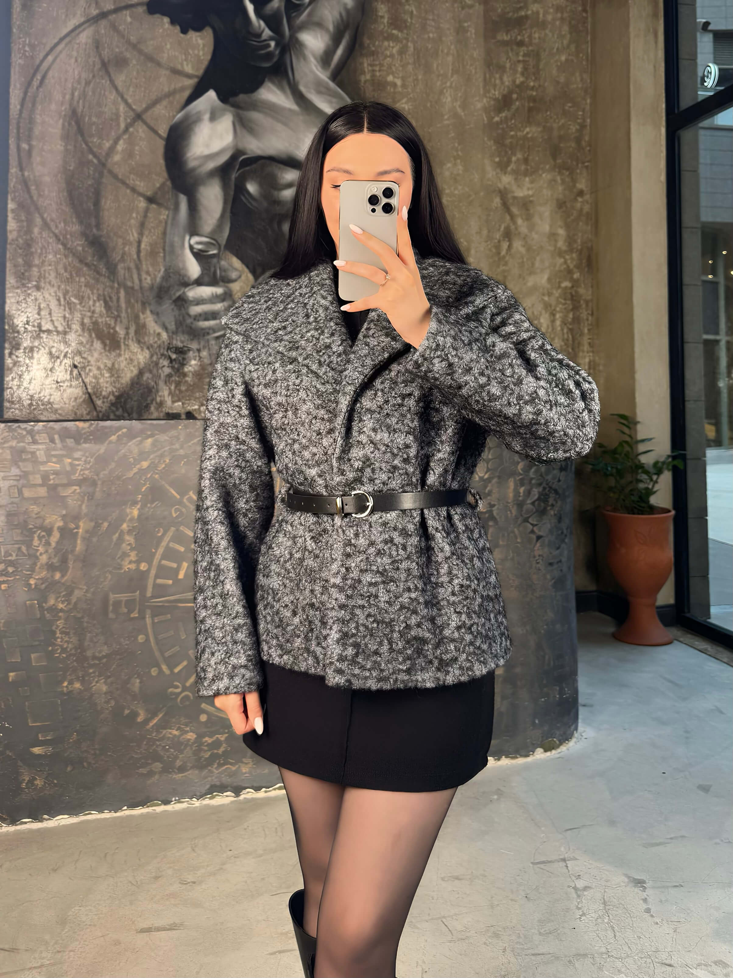 Amres Bukle Şal Yaka Kemerli Ceket  Gri