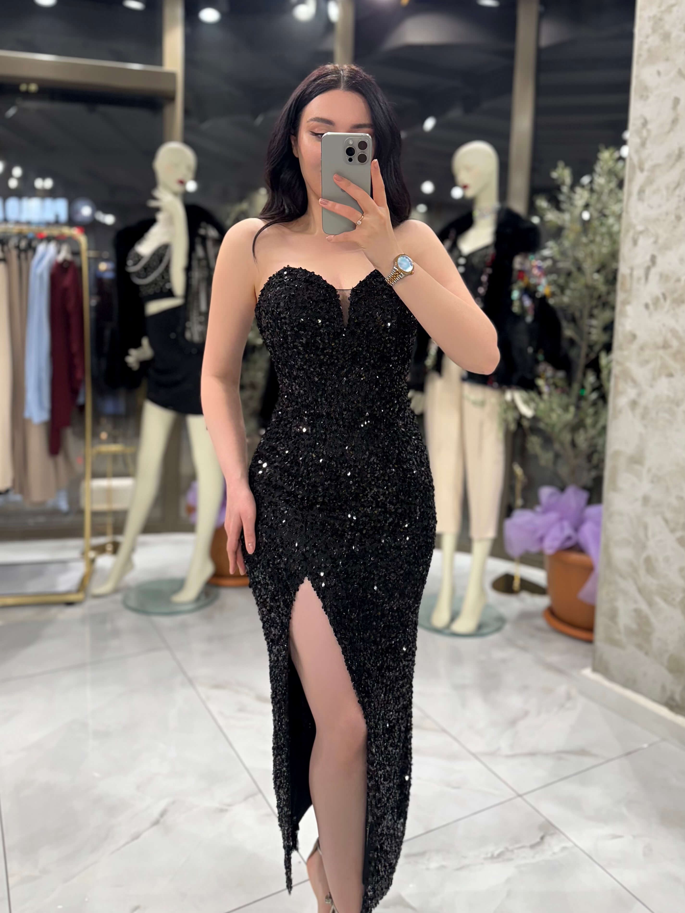 Agnes Kalp Yaka Önden Yırtmaçlı Midi Boy Elbise Siyah