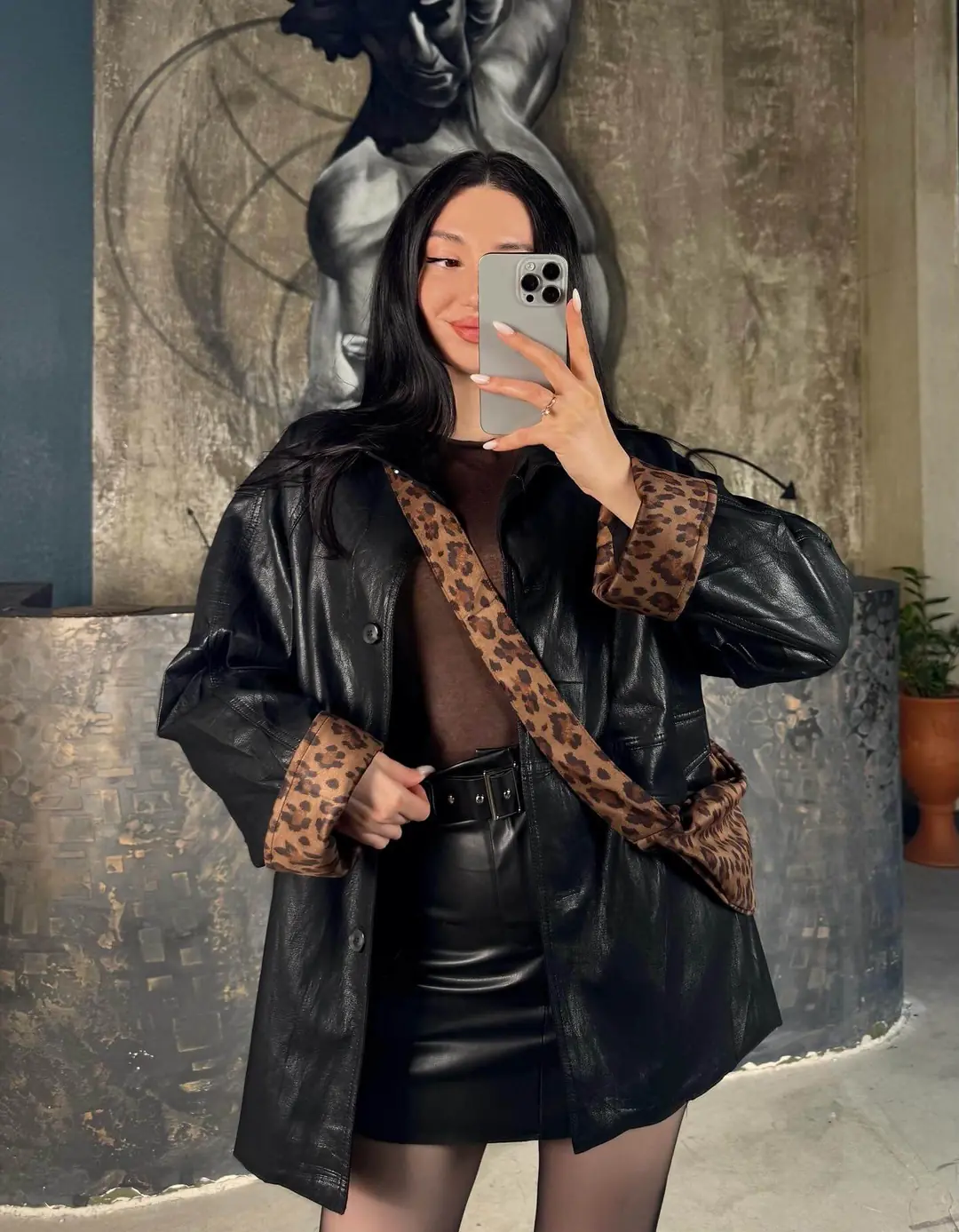 Arven Leopard Lined Vintage Leather Jacket with Bag, Black
