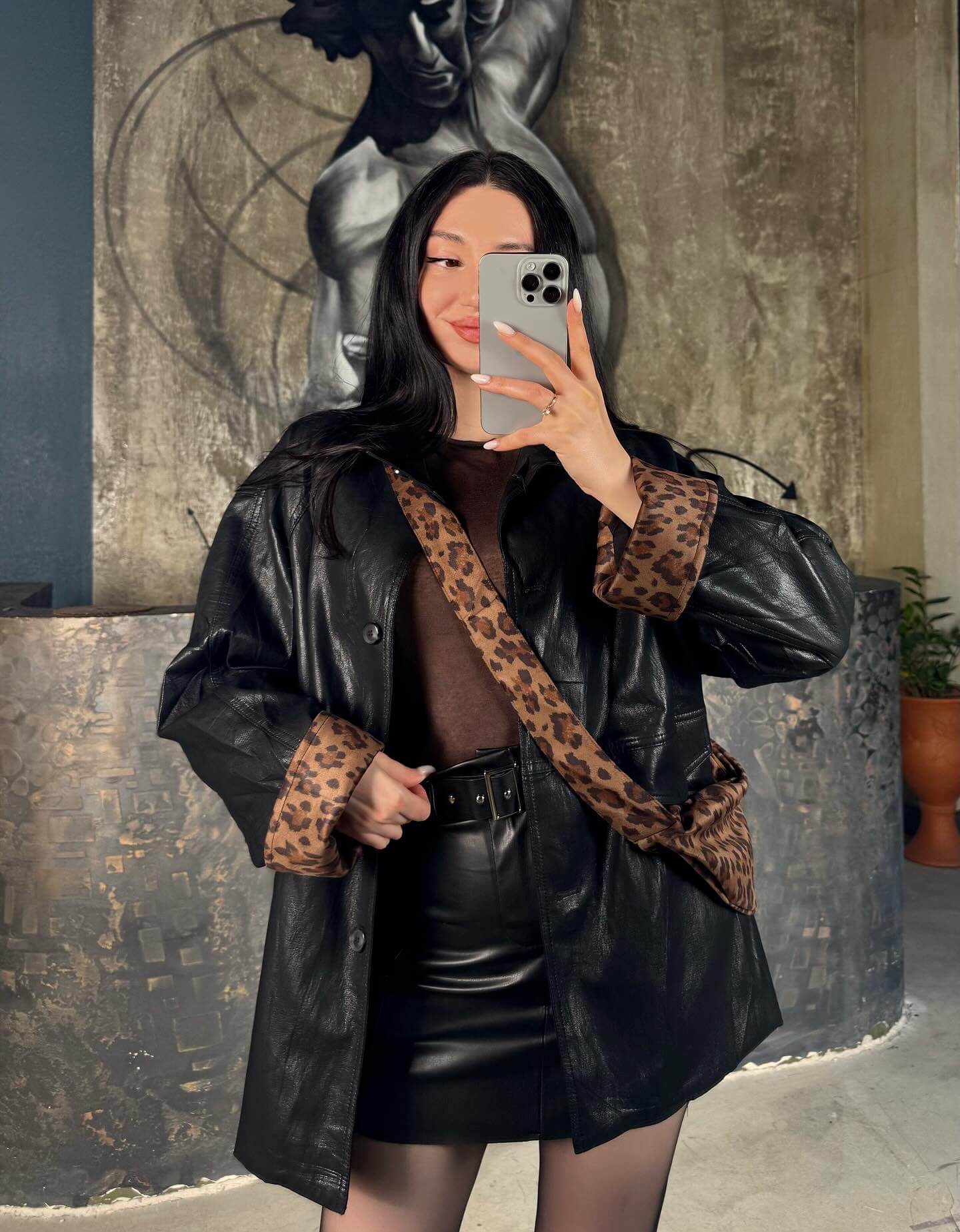 Arven Çantalı Astarı Leopar Vintage Deri  Ceket Siyah