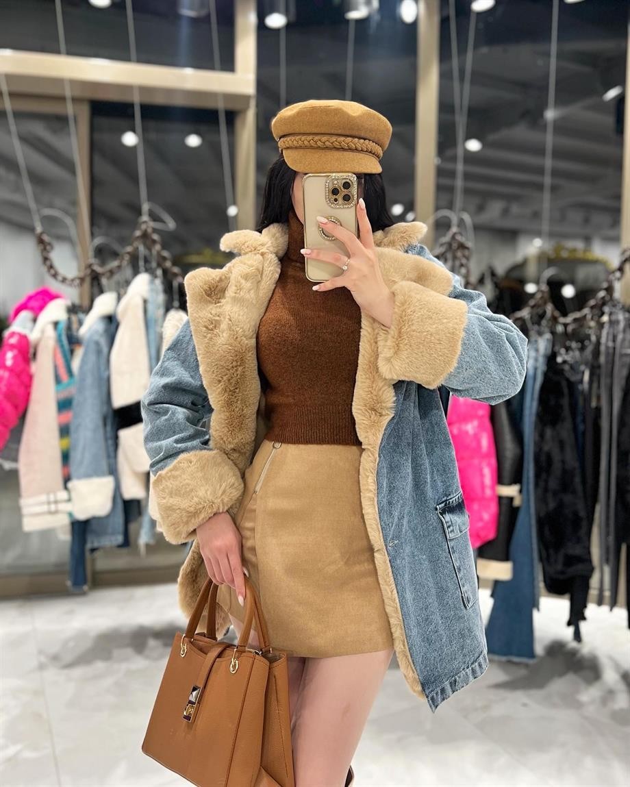 Leksa Uzun İçi Kürklü Kot Mont Camel