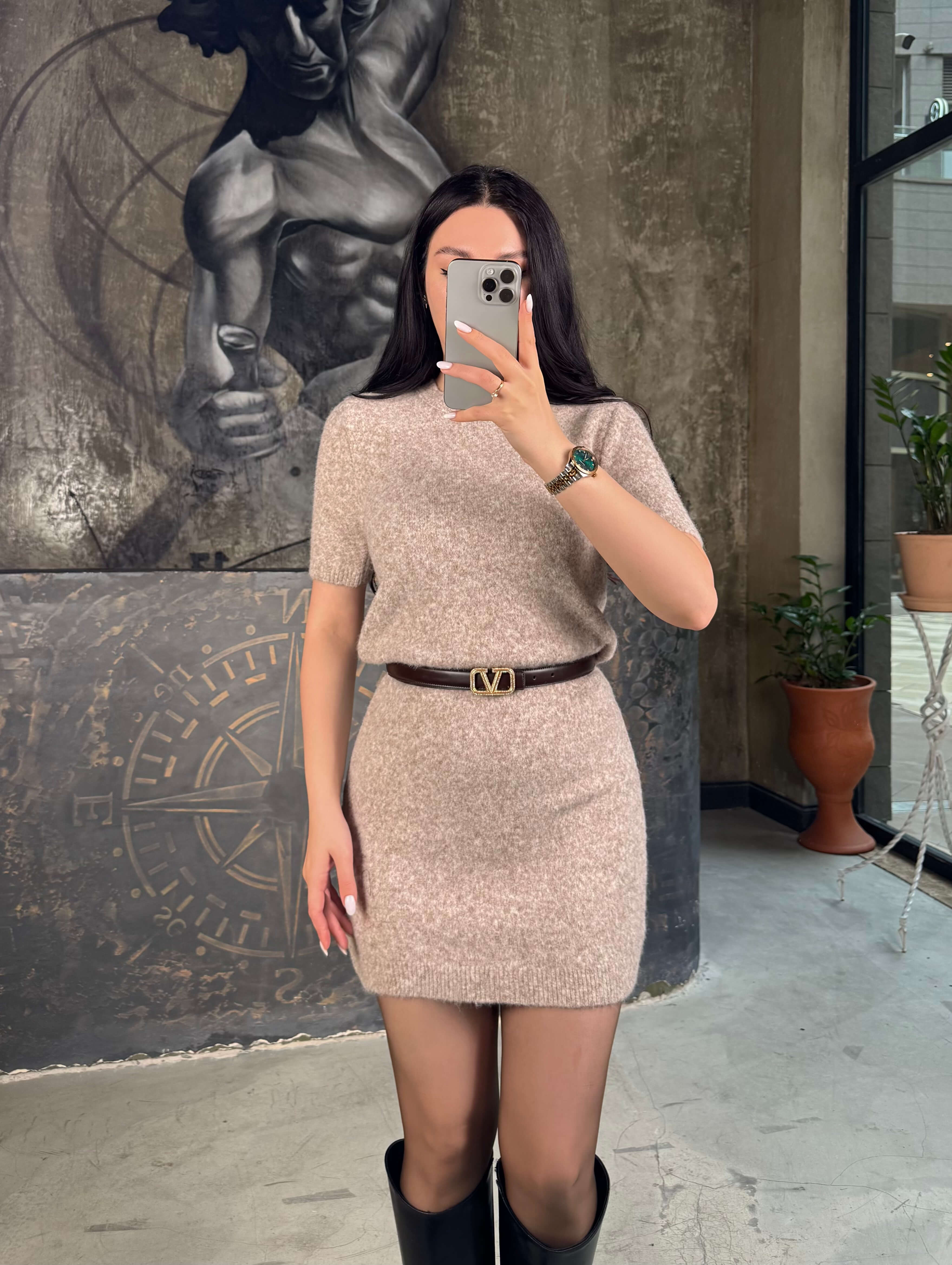 Tina Bisiklet Yaka Kısa Kol Mini Yumuşak Dokulu Triko Elbise Vizon Melanj