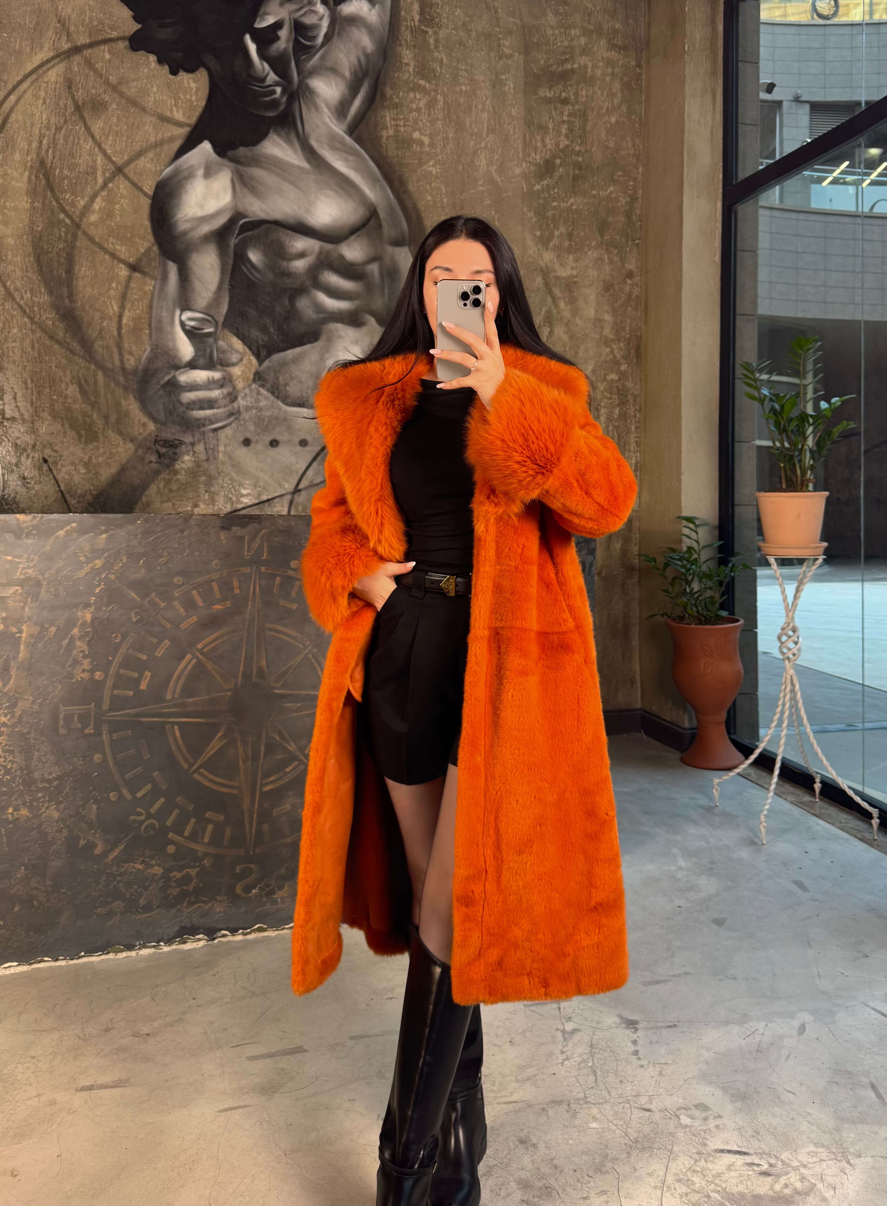 Dora Uzun Kuşaklı Yak Kol Detaylı Vip İthal Kürk Turuncu