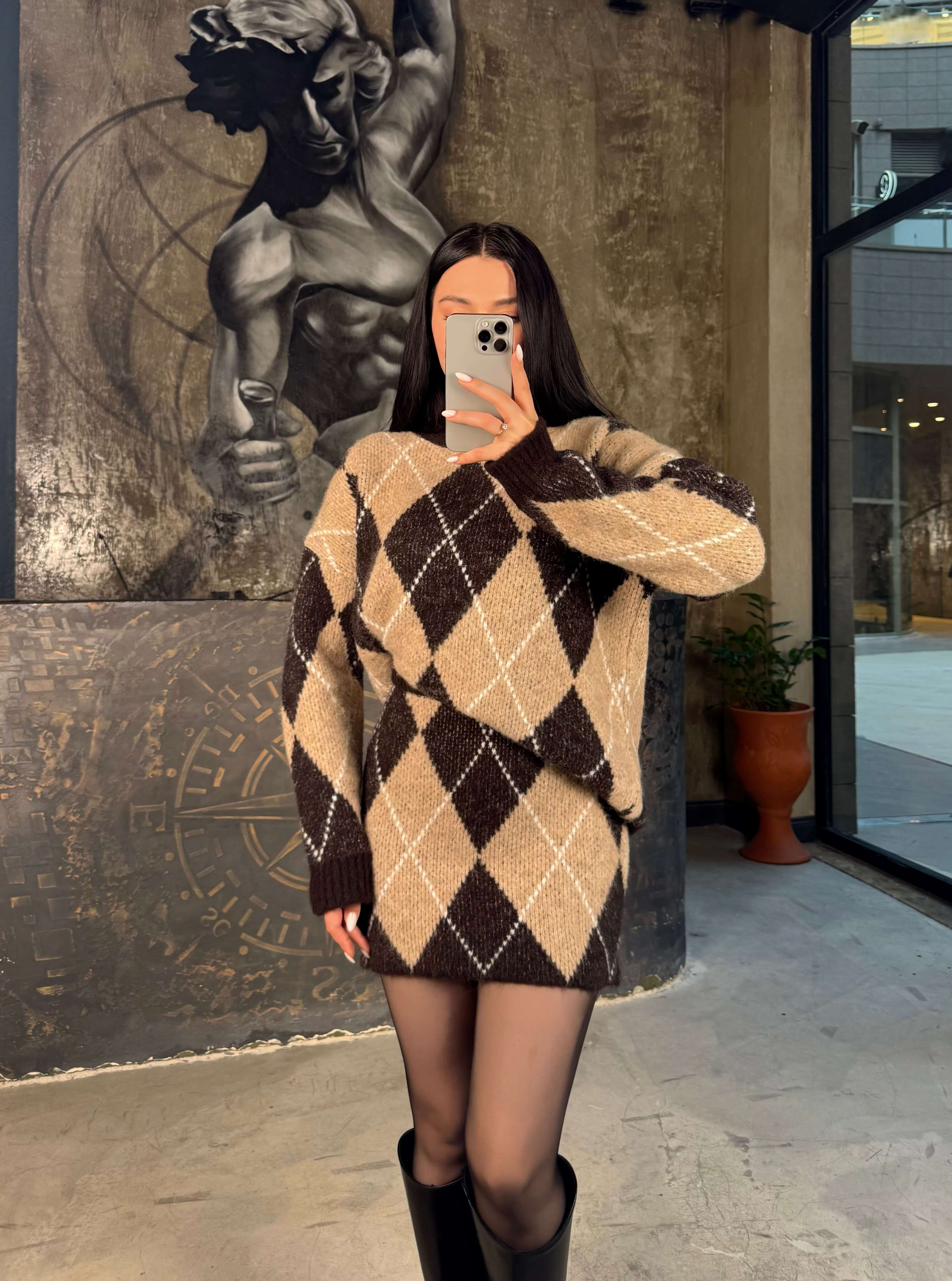 Verden Baklava Desen Etek Kazak Triko Takım Kahve