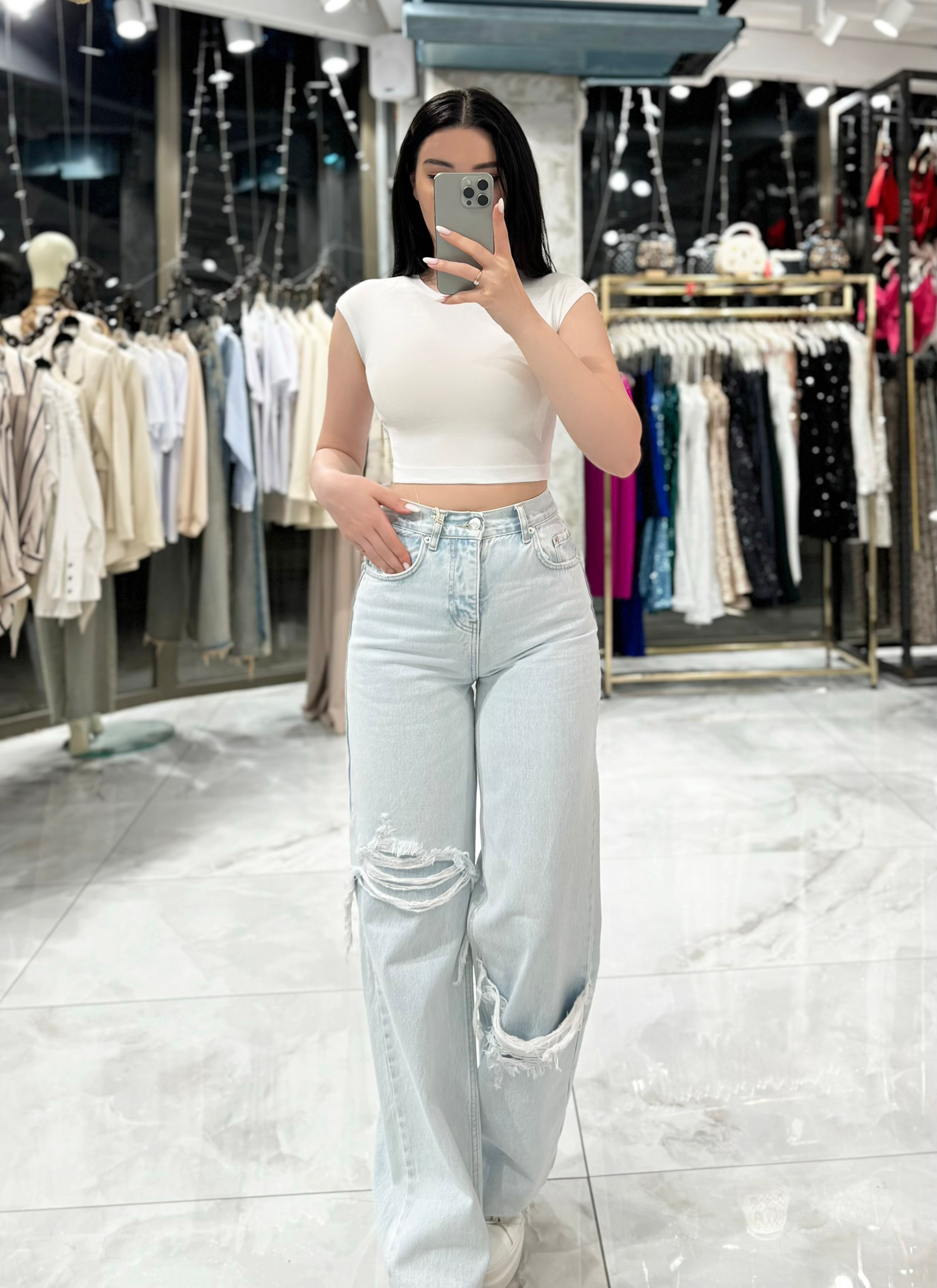 Alina Yırtık Görünümlü Yüksel Bel Geniş Paça Kot Pantolon-Buz Mavi