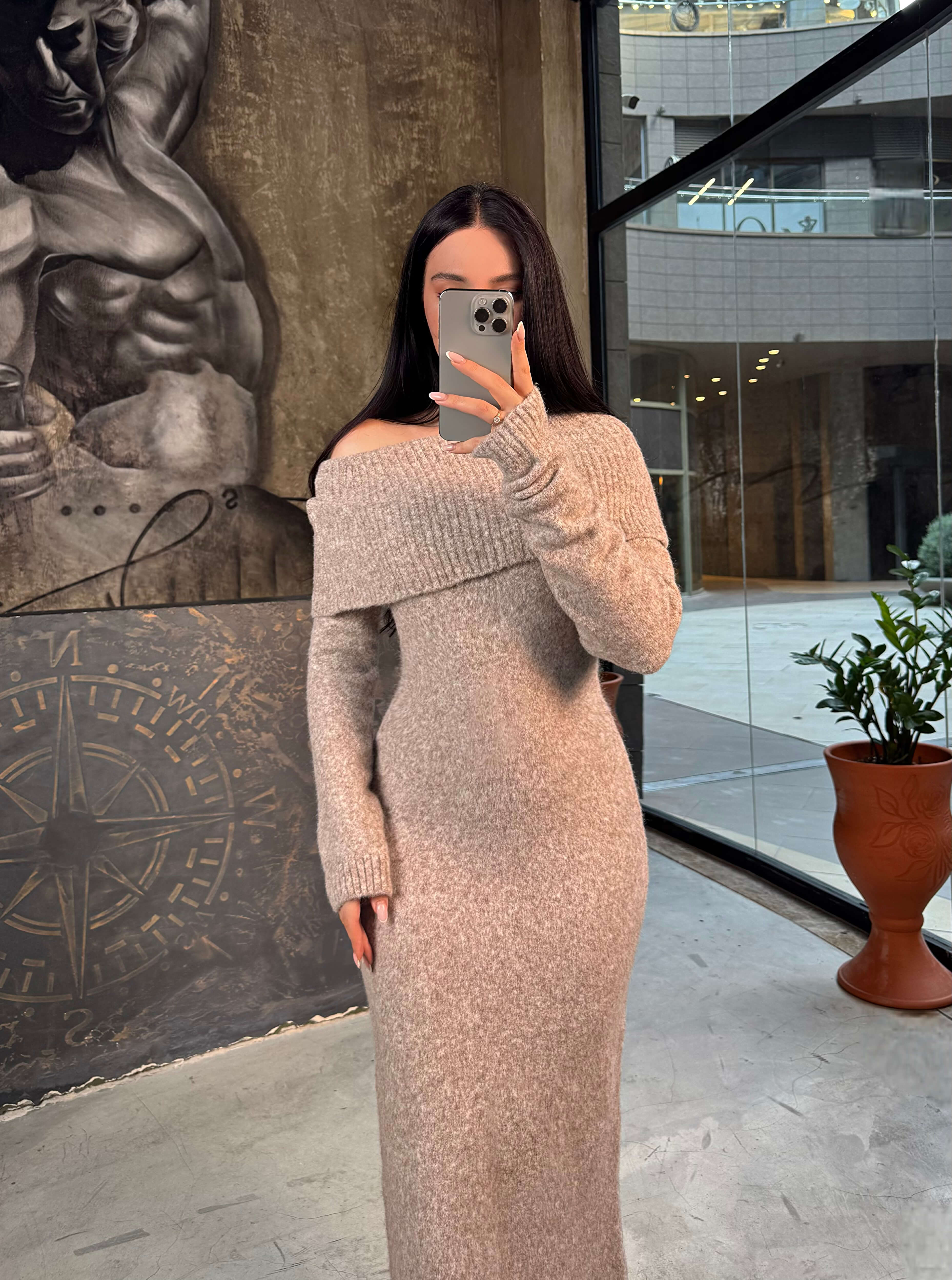 Kendra Bardot Yaka Yumuşak Dokulu Triko Midi Elbise Vizon Melanj