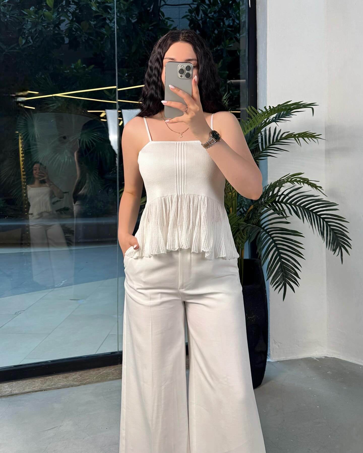 Anita İnce Askılı Volanlı Triko Bluz Beyaz