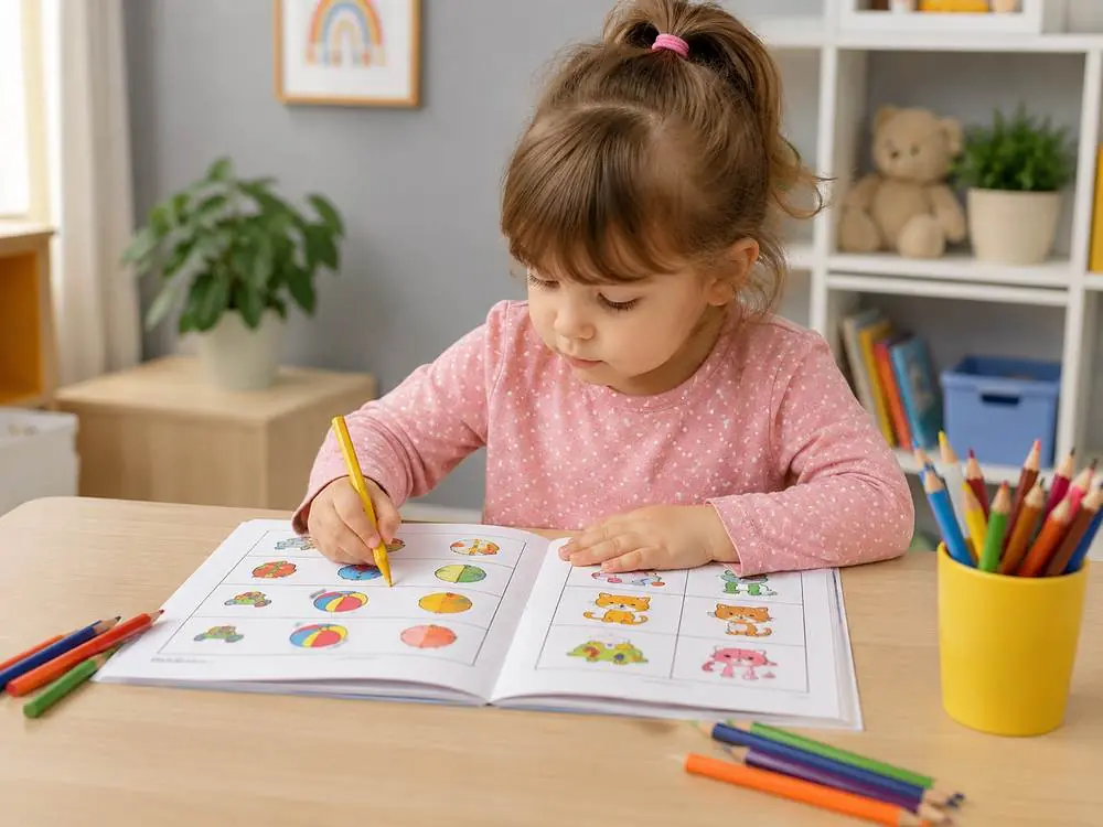 Dikkat geliştirme kitaplarıyla etkinlik yapan çocuk