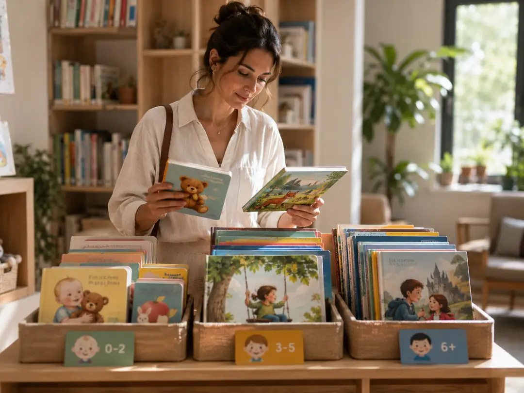Çocuğun yaşına göre kitap seçimi yapan ebeveynin farklı yaş gruplarına uygun çocuk kitaplarını incelemesi