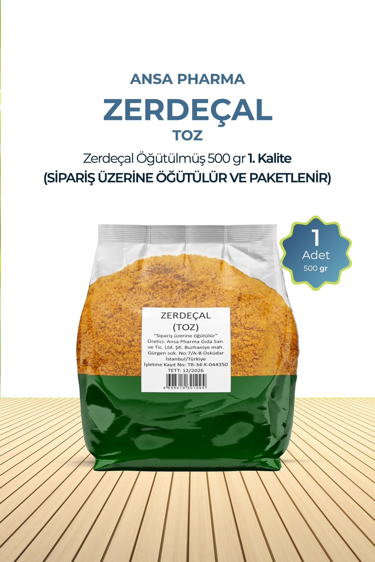 Zerdeçal Toz Taze Öğütülmüş 500 G 1. Kalite (Sipariş Üzerine Öğütülür ve Paketlenir)