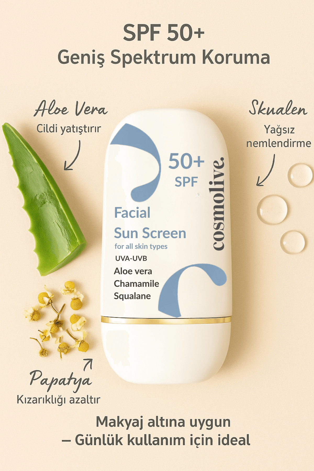 Güneş Kremi %100 Doğal Yüz Spf 5 Yağlı - Kuru - Karma Ciltler Su Bazlı