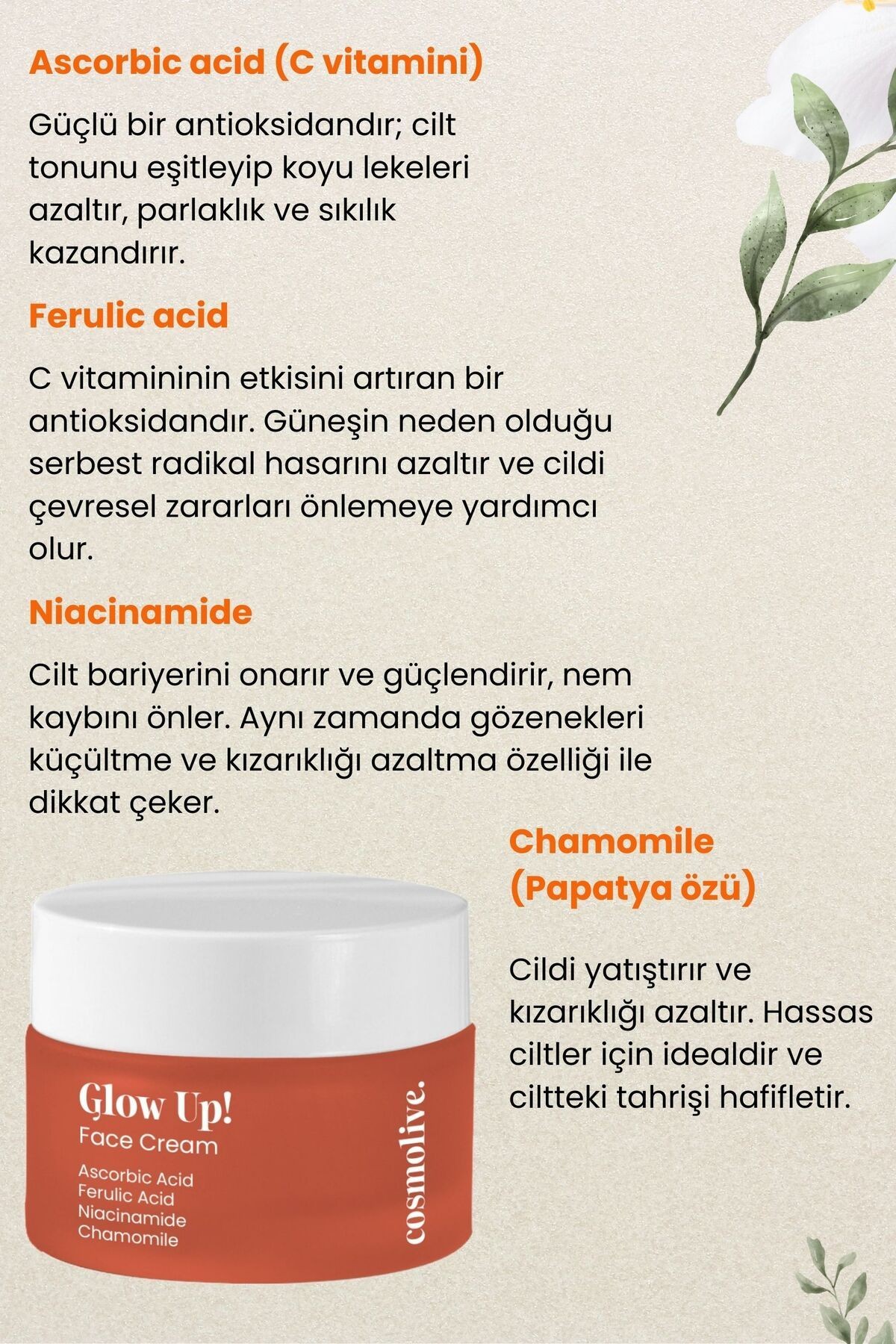 Aydınlatıcı Yüz Kremi Askorbik Asit Ferulic Asit Niasinamid Nemlendirme