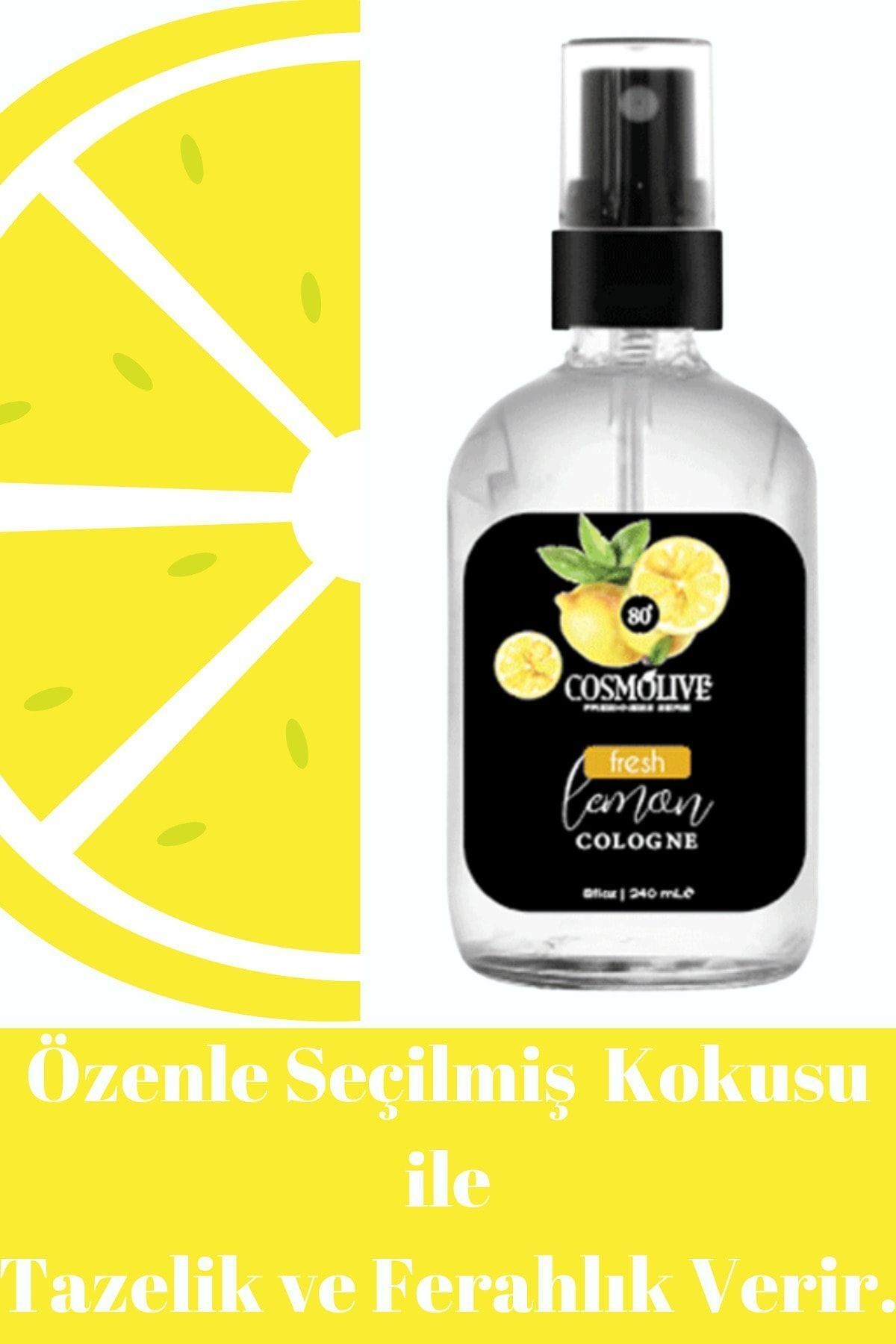 Taze Limon 80° Kolonya Spreyli, Cam Şişe, Özel Kraft Kutu 240 Ml