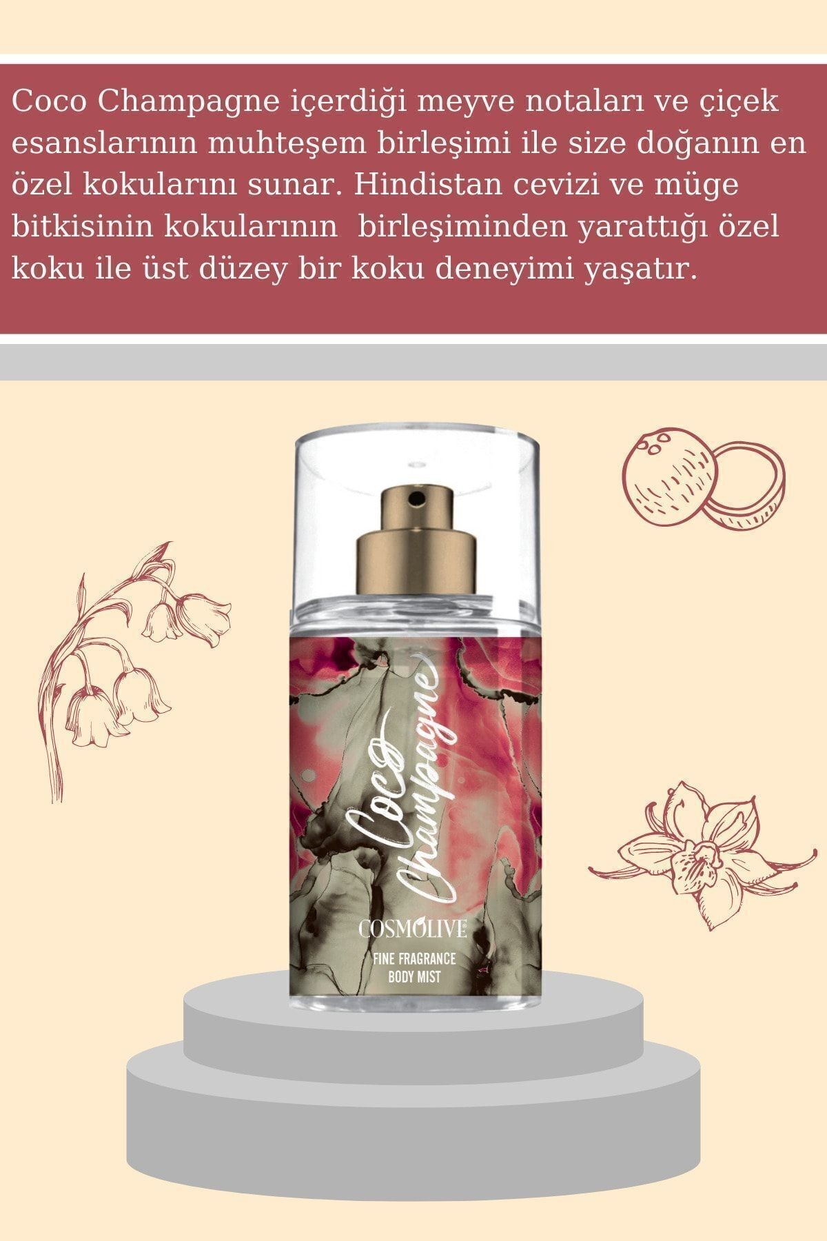 Seyahat Boyu Body Mist Vücut Spreyi Coconut Passion Coco Champagne Kadın Işıltılı Saç Parfümü