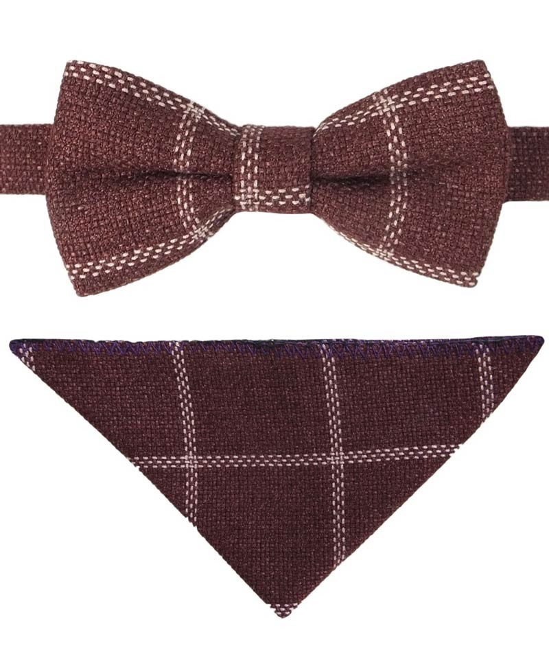 Boys Check Tweed Bow Tie Set - Maroon