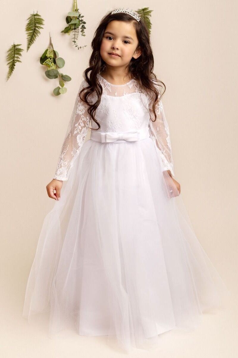 Girls Long Sleeves Lace White Tulle Dress - JADE