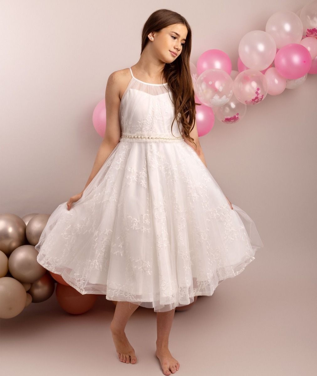 Robe en Tulle à Col Halter Ivoire pour Filles - GIA