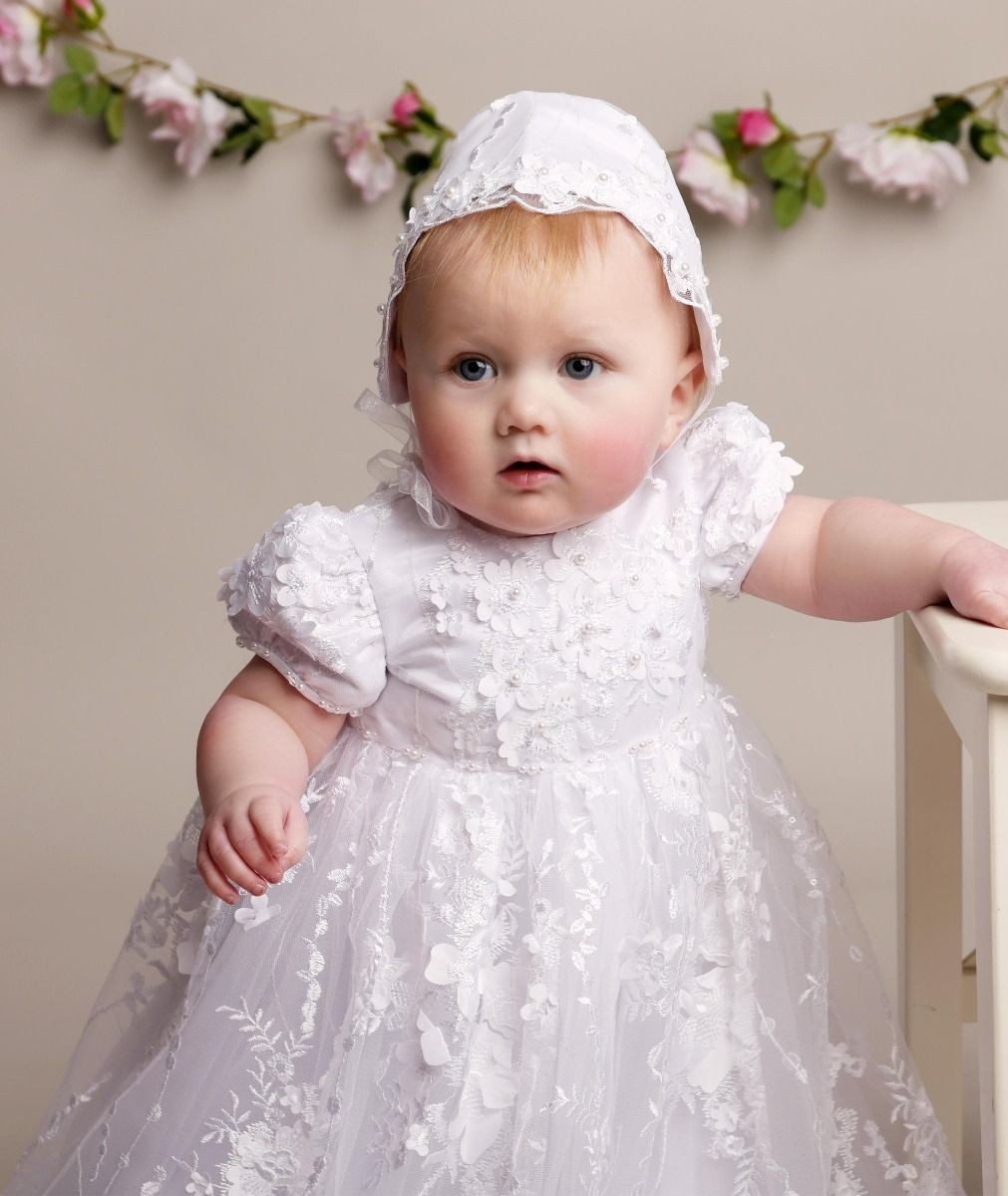 Baby Girls Lace Heirloom Christening Gown & Bonnet - RACHEAL