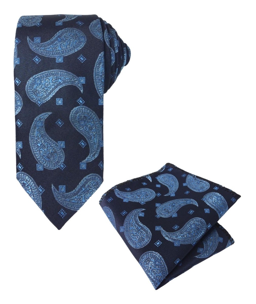 Ensemble cravate et mouchoir de poche formel avec motifs paisley pour garçons et hommes - Bleu marine - bleu