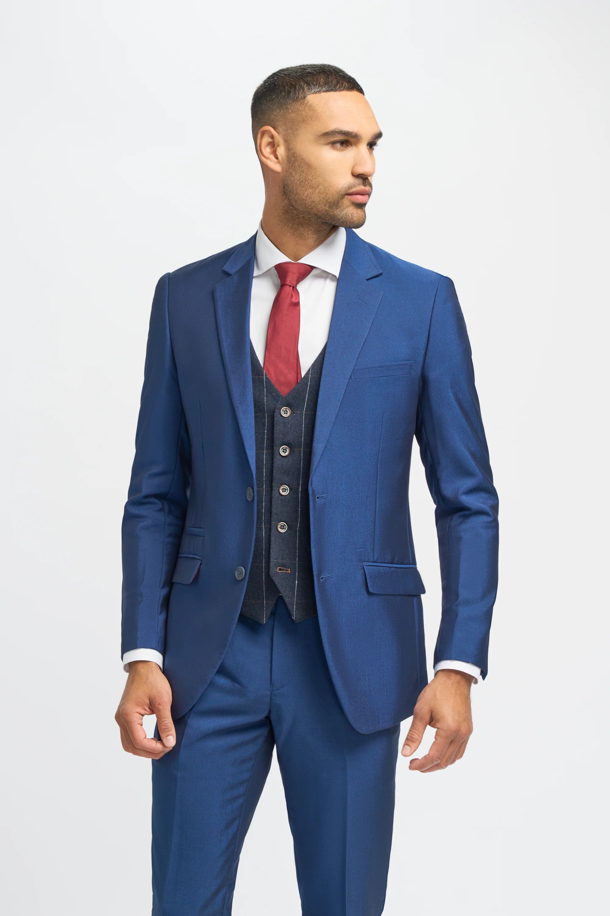 Men's Royal Blue Slim Fit 3-Piece Suit with Navy Blue Windowpane Check Tweed Waistcoat