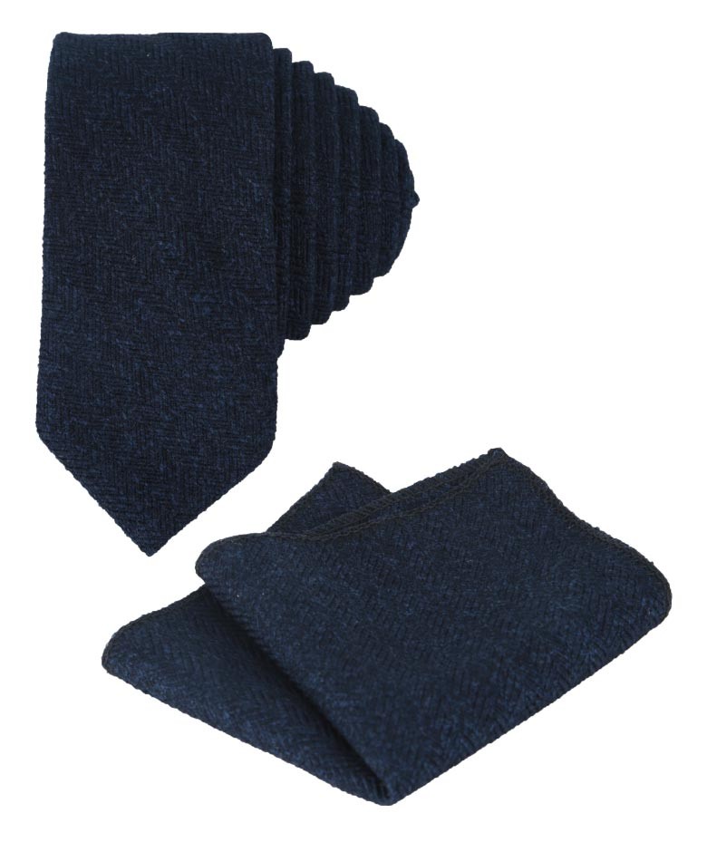 Boys & Men's Herringbone Tweed Tie & Pocket Square Set - Navy Blue