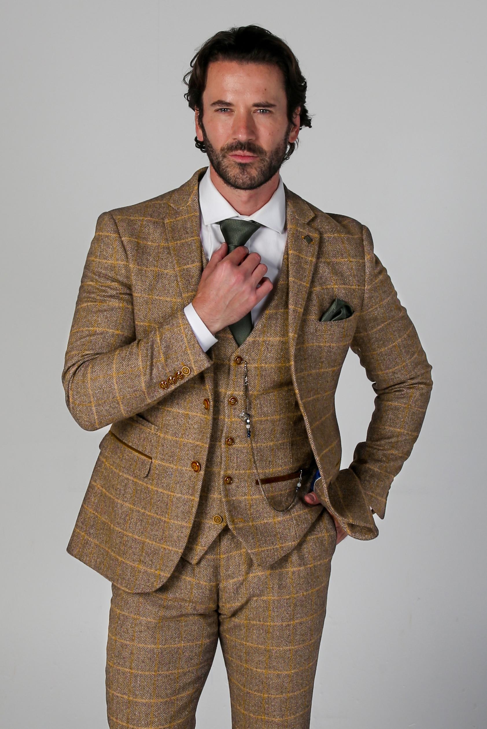 Men's Tweed Retro Windowpane Formal Suit - HARRIS - Brown